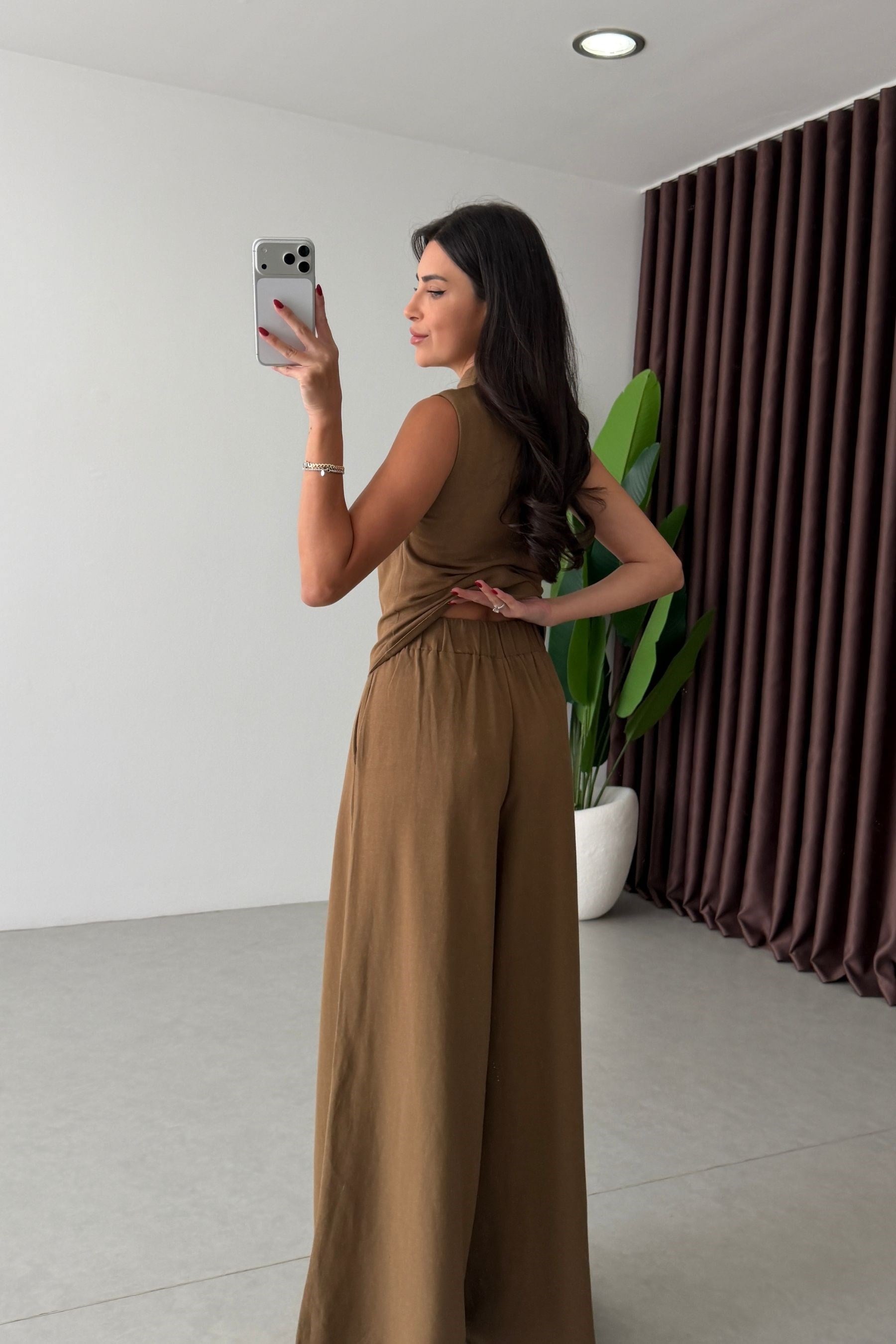 Calin Camel Gold Düğmeli Keten Yelek Pantolon Takım