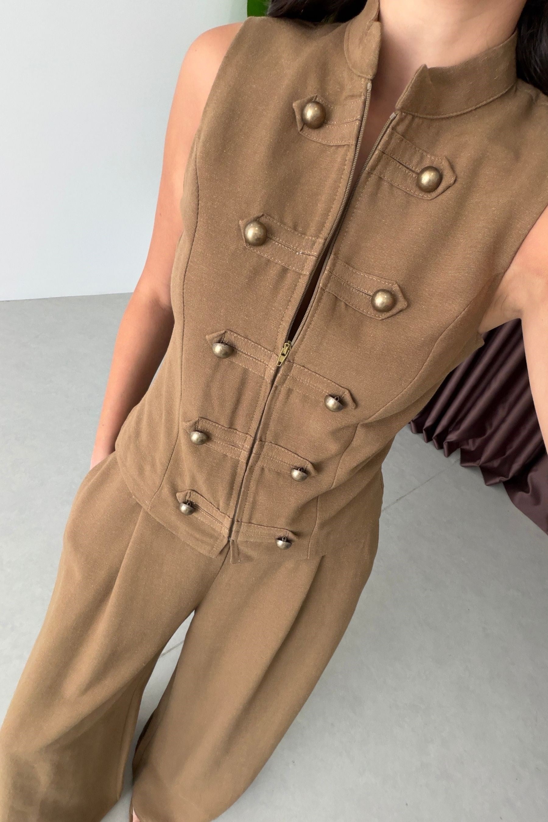Calin Camel Gold Düğmeli Keten Yelek Pantolon Takım