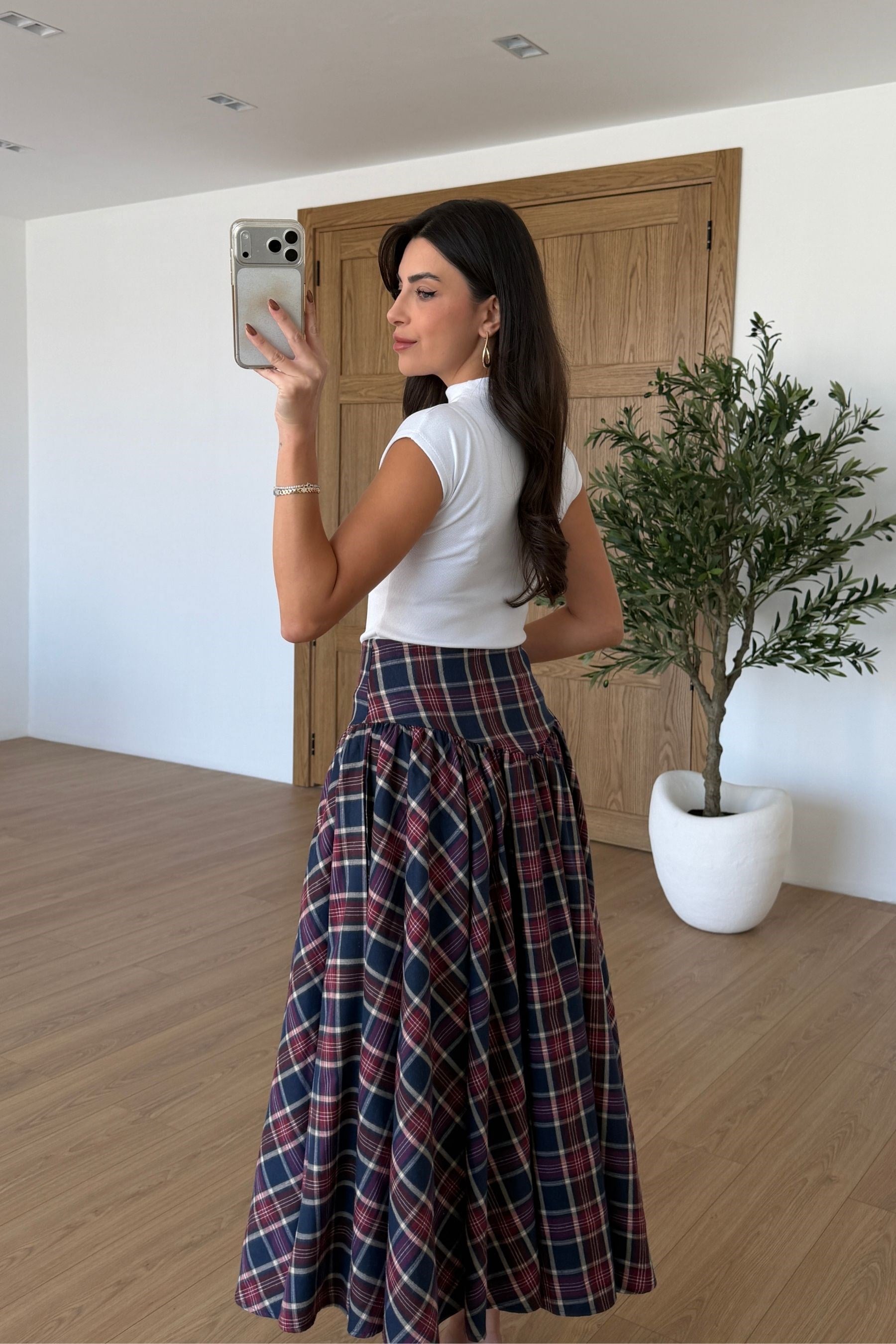 Cavie Lacivert Ekoseli Volanlı Etek