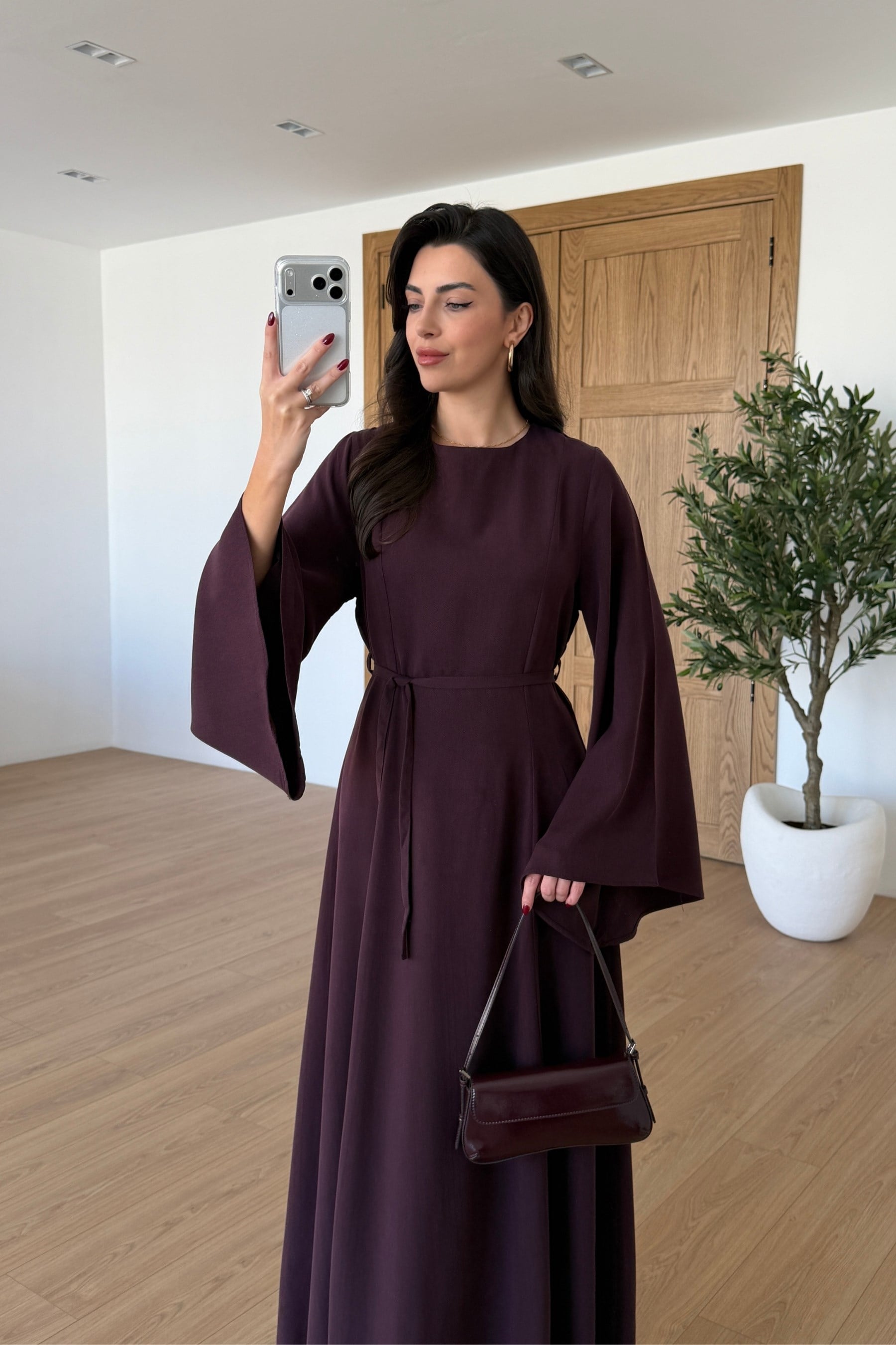 Cica Mürdüm Yarasa Kol Kuşaklı Maxi Elbise