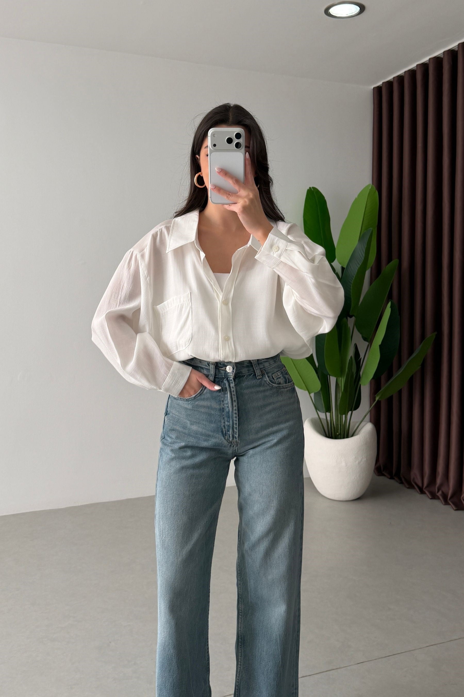 Core Ekru Oversize Modal Gömlek 