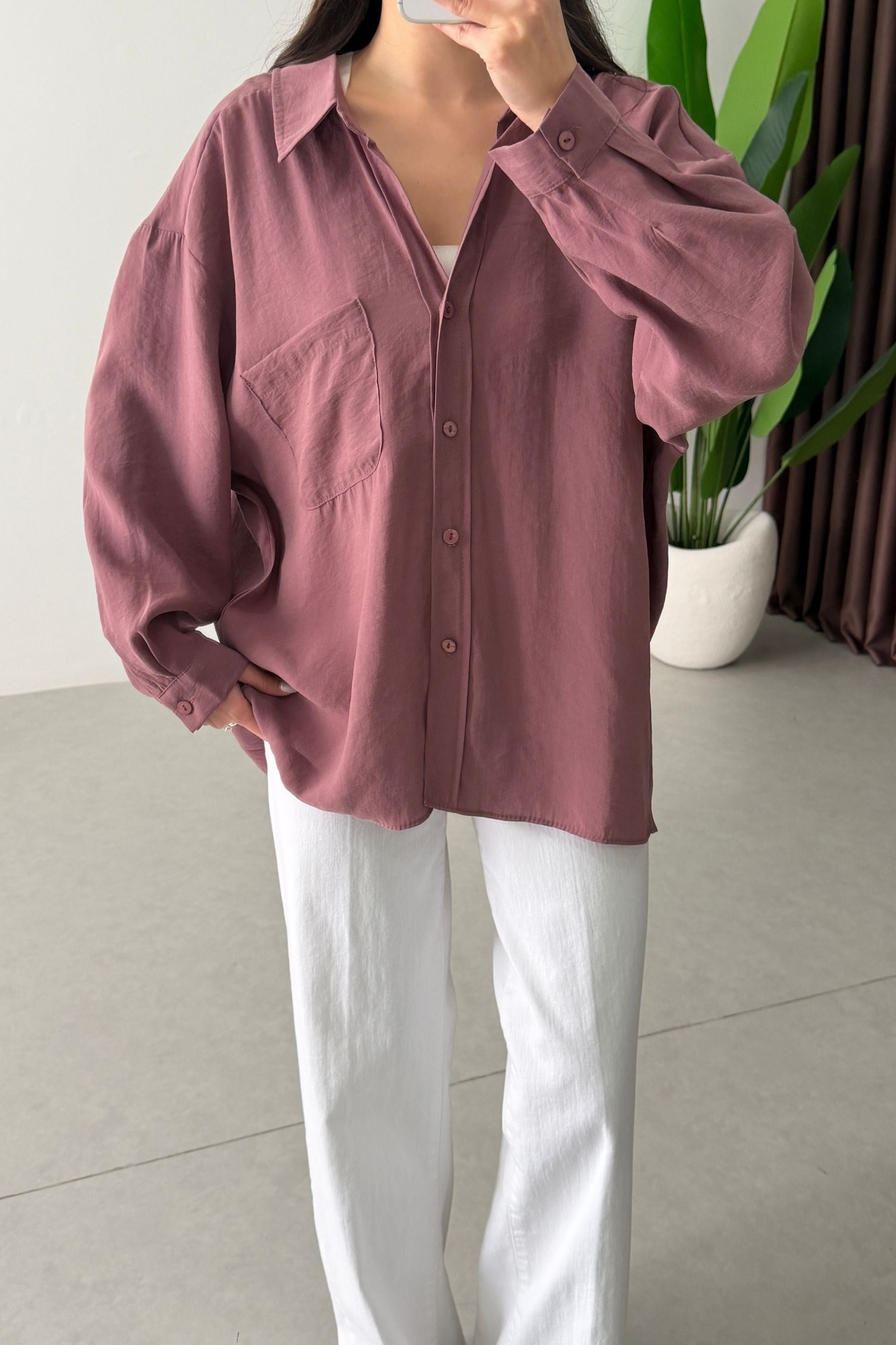 Core Gül Kurusu Oversize Modal Gömlek 