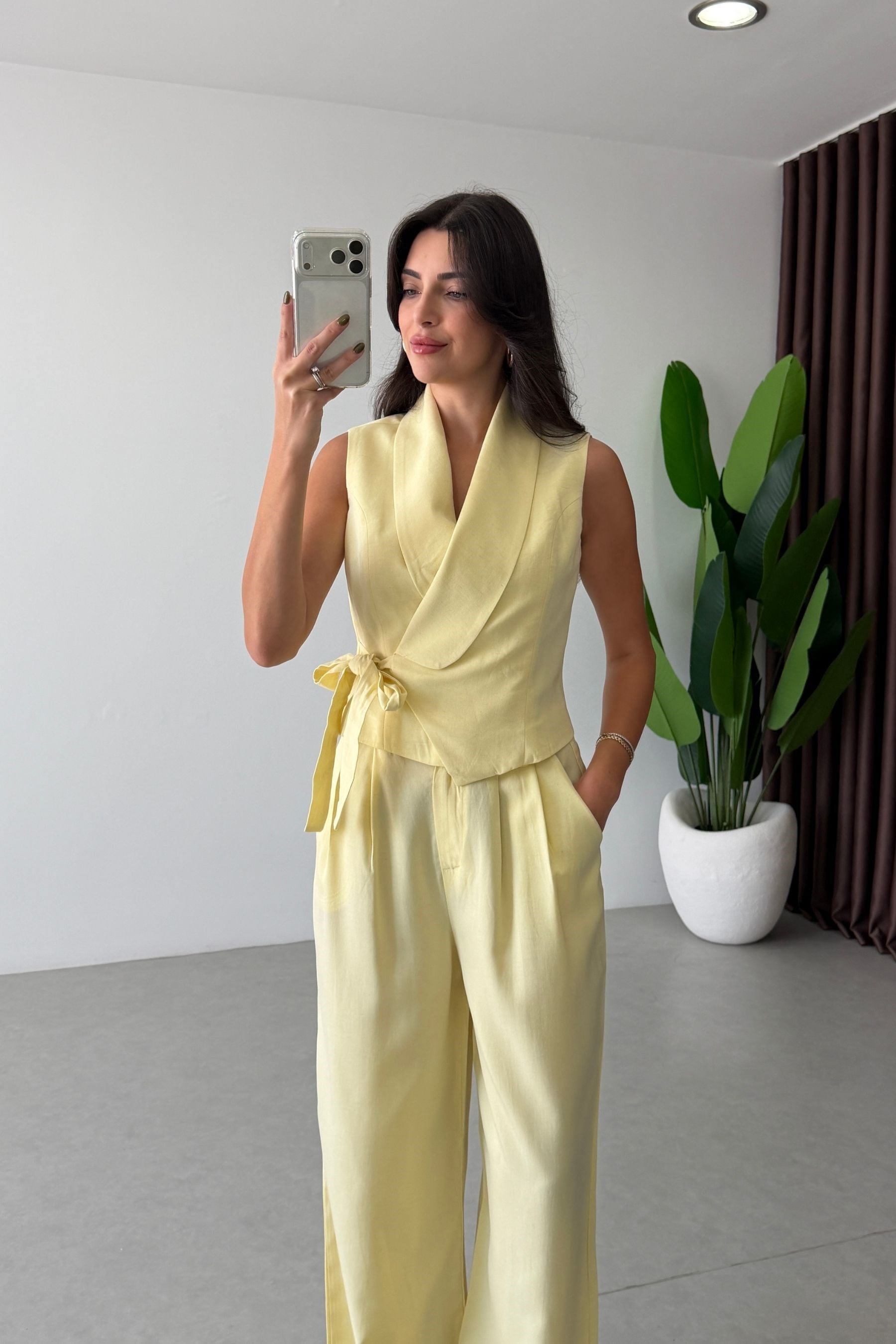 Donna Sarı Keten Yelek Pantolon Takım