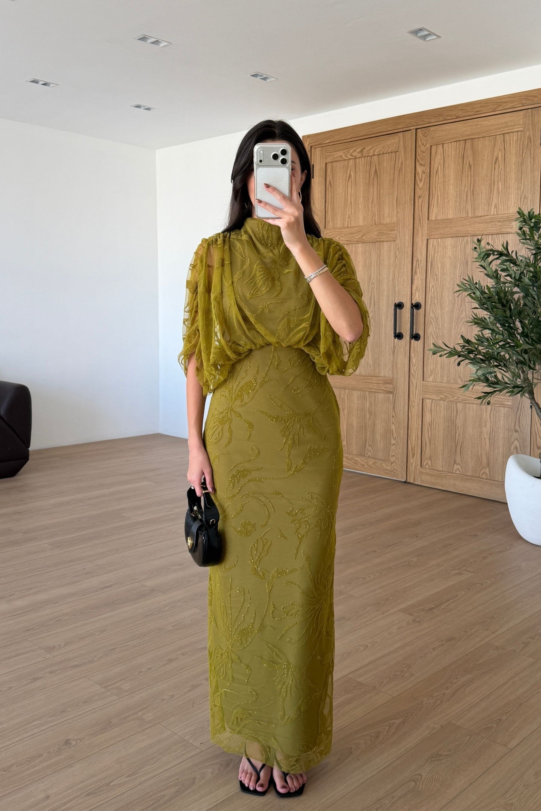 Ester Yağ Yeşili Büzgülü Parıltılı Tül Elbise