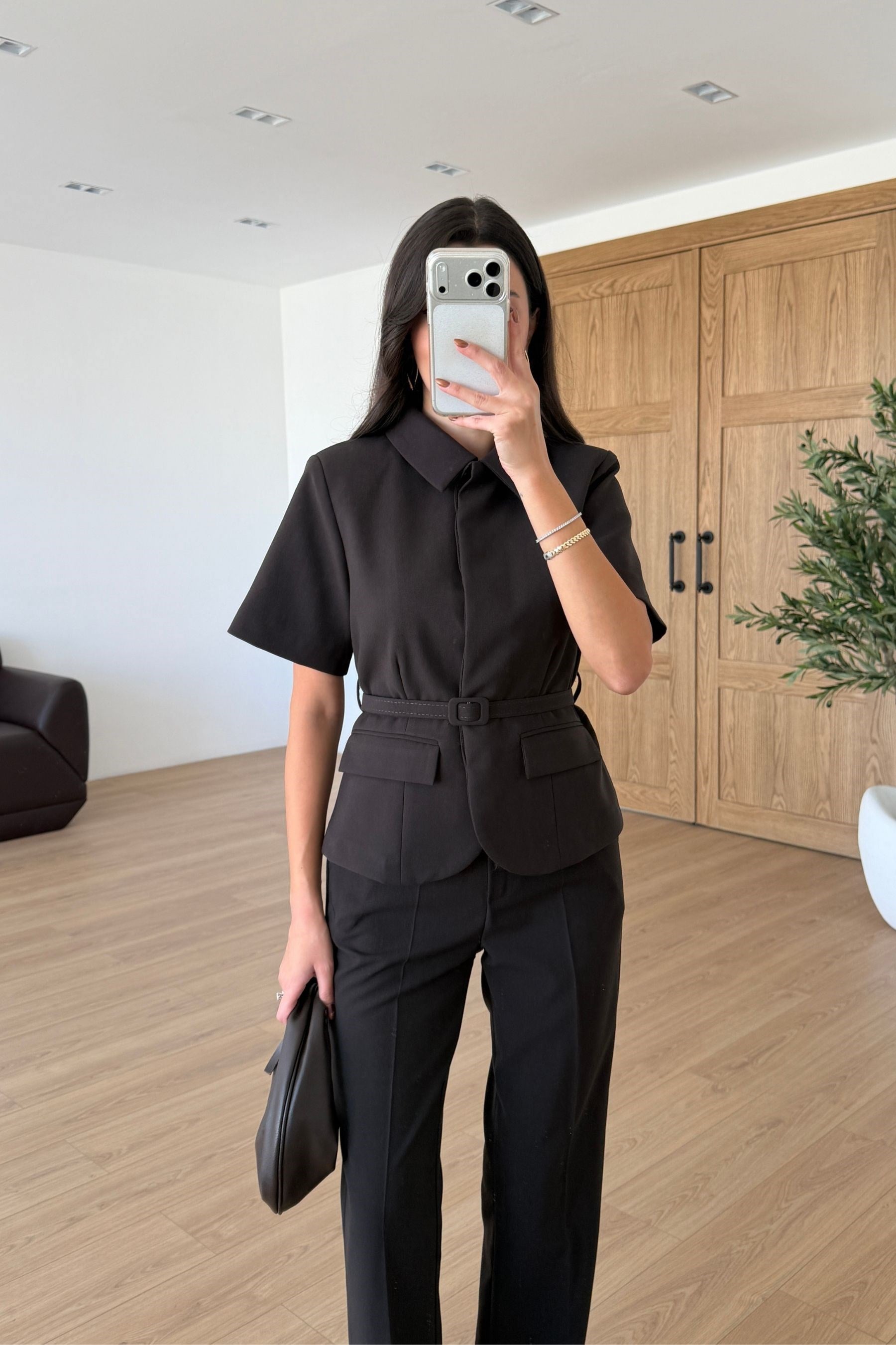 Flora Kahve Kemerli Ceket Pantolon Takım