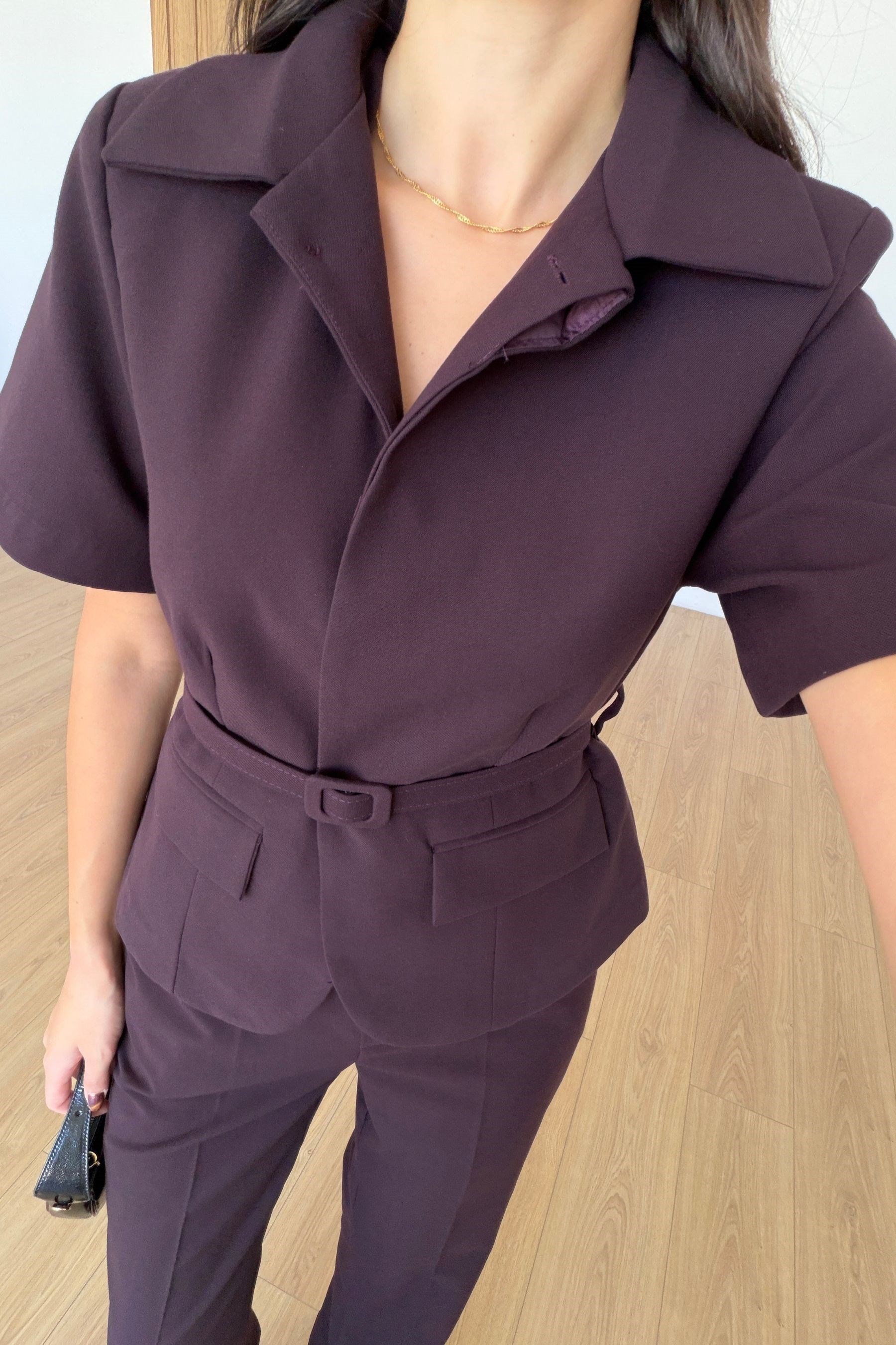 Flora Mürdüm Kemerli Ceket Pantolon Takım