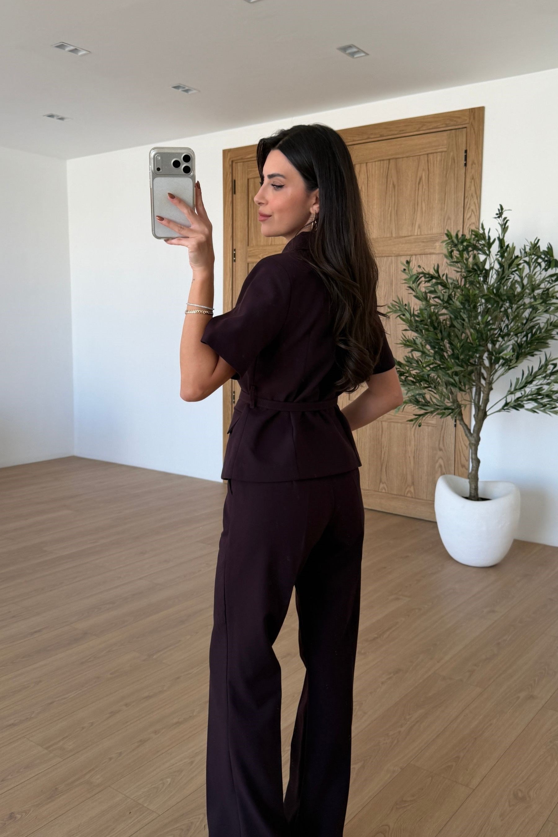 Flora Mürdüm Kemerli Ceket Pantolon Takım