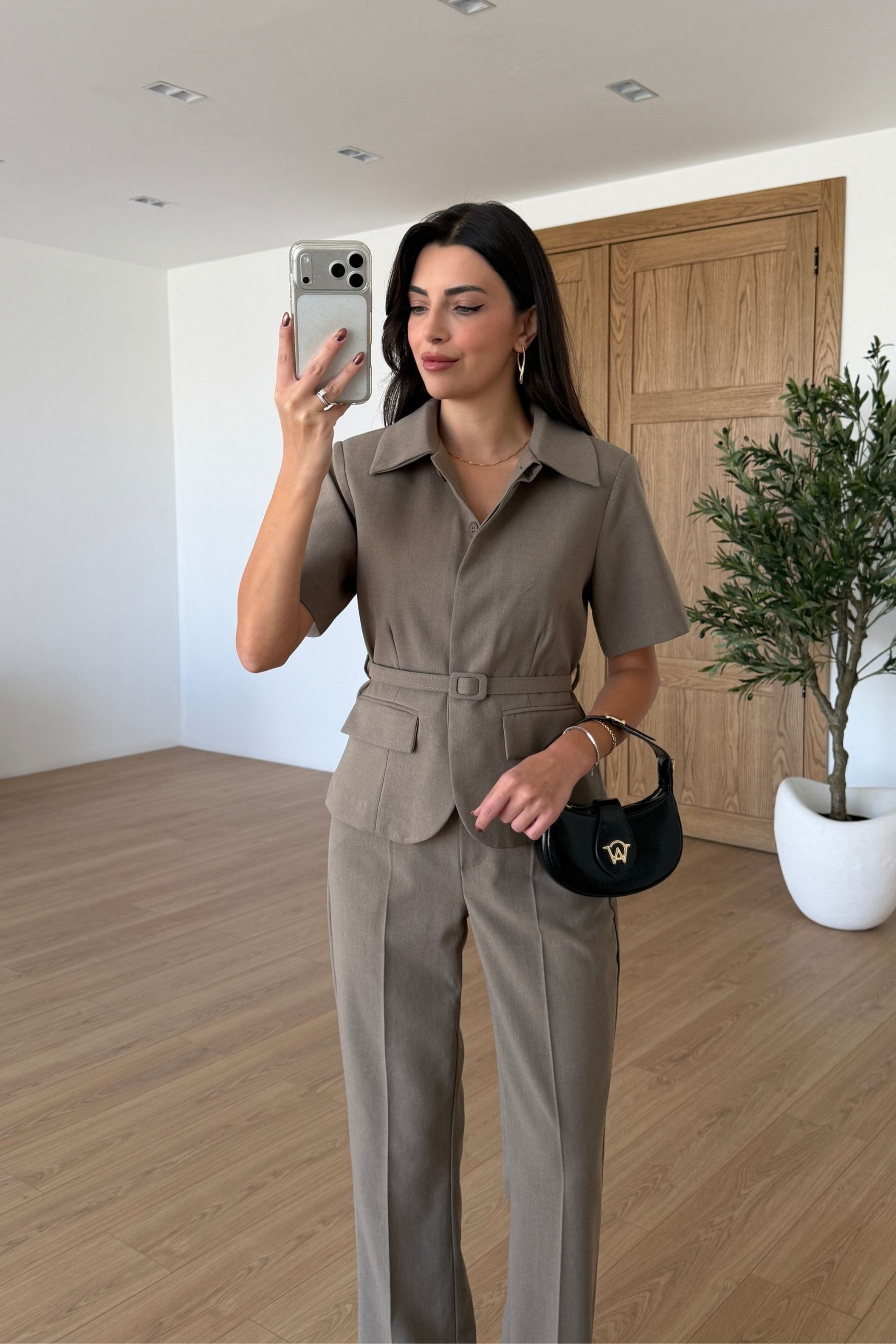 Flora Vizon Kemerli Ceket Pantolon Takım