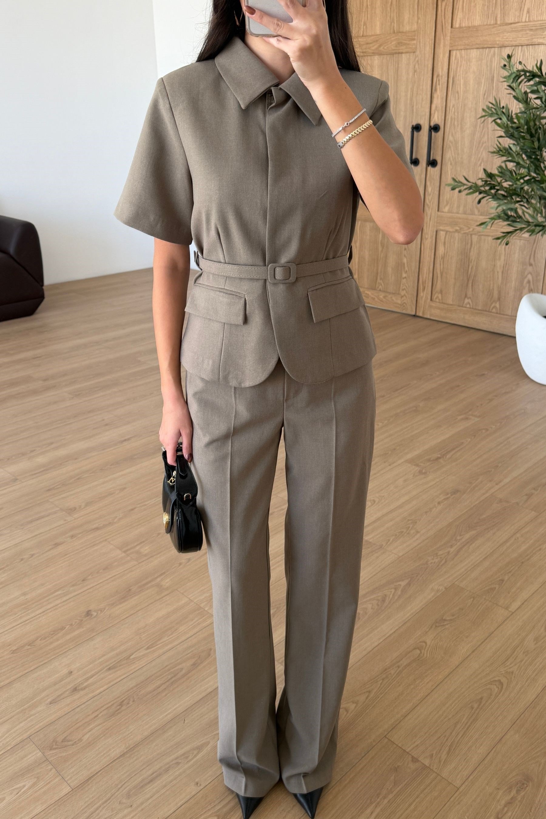 Flora Vizon Kemerli Ceket Pantolon Takım