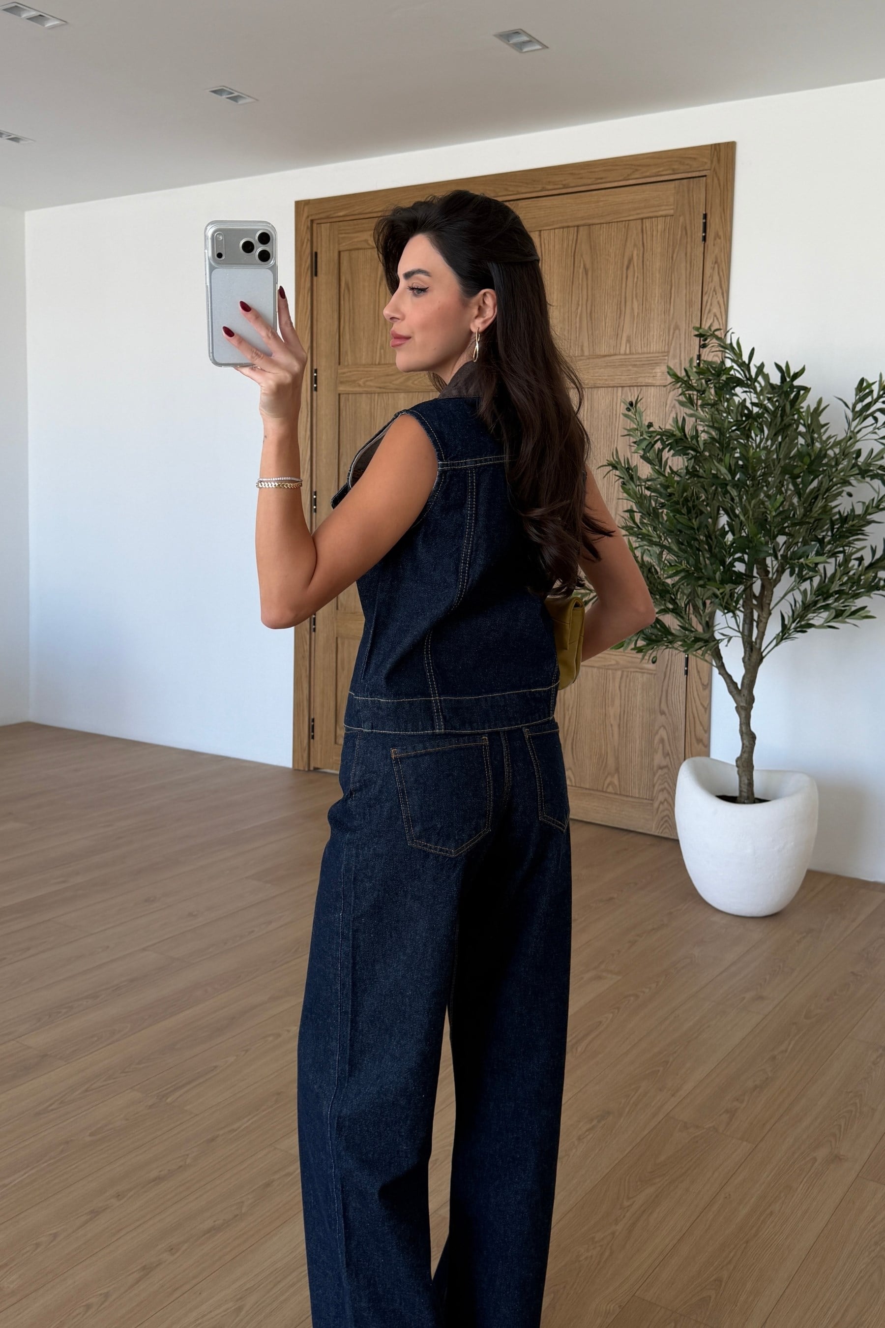 Grid Kontrast Denim Yelek Pantolon Takım