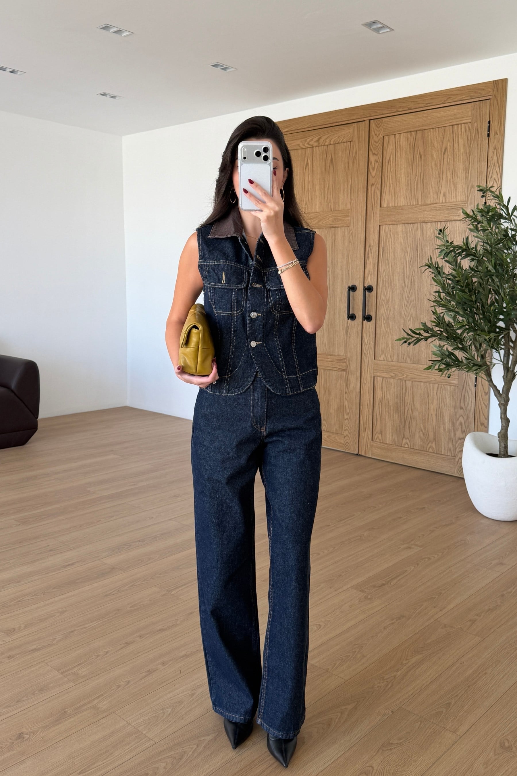 Grid Kontrast Denim Yelek Pantolon Takım