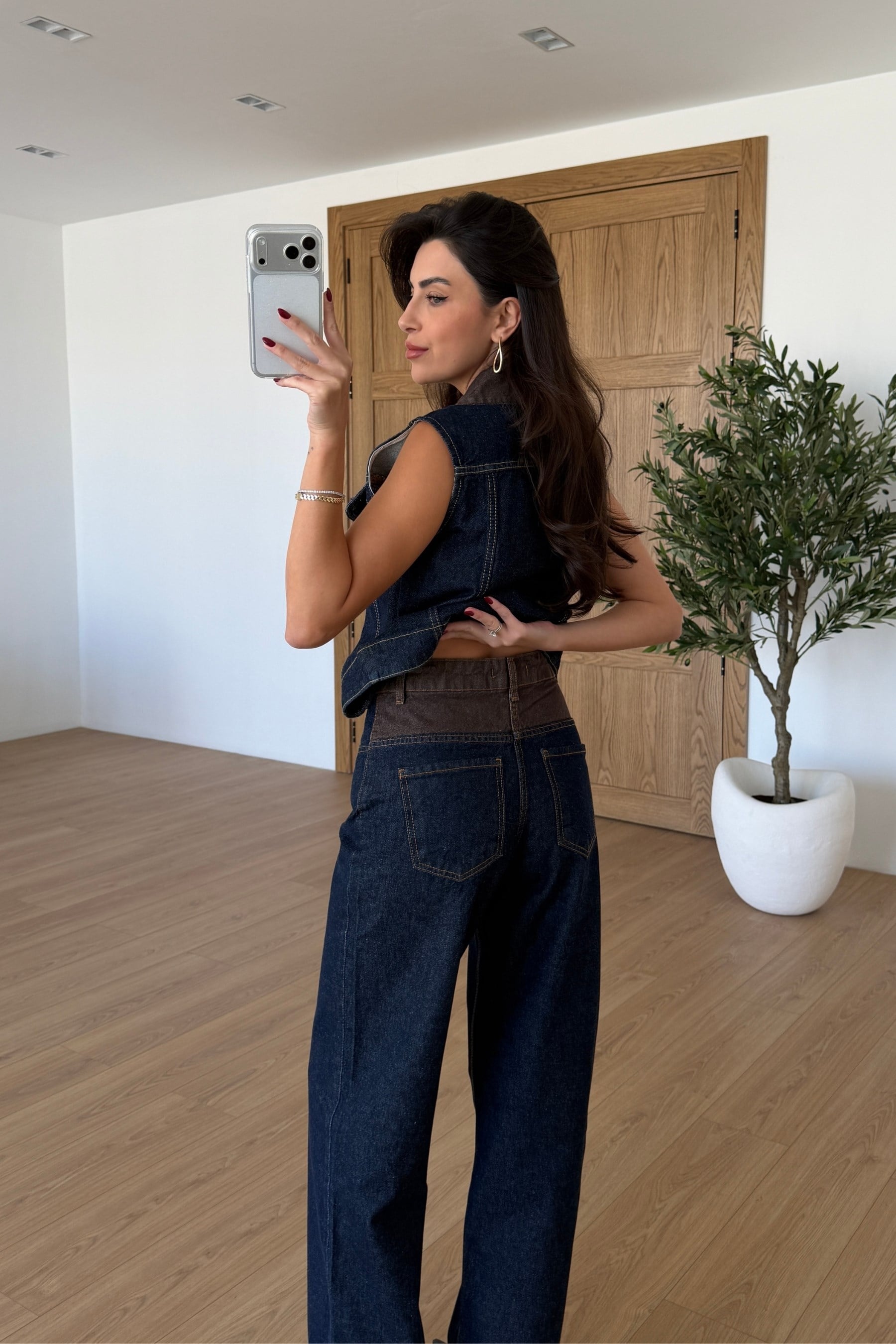 Grid Kontrast Denim Yelek Pantolon Takım