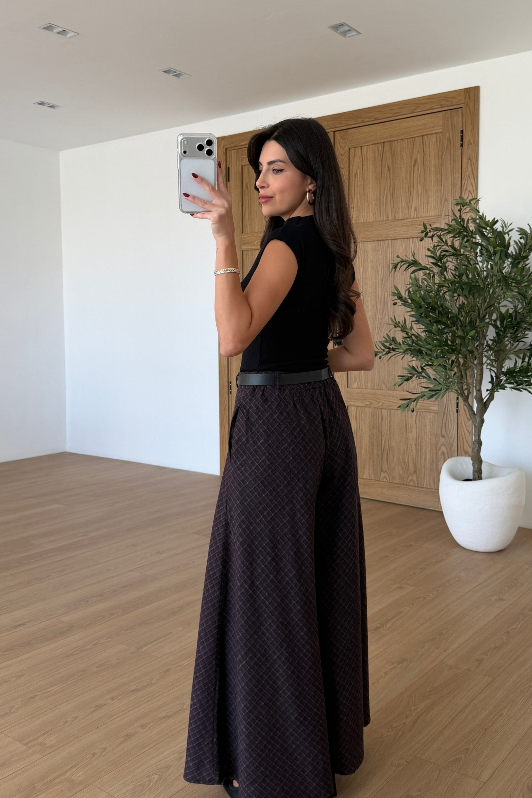 Hardy Mürdüm Beli Lastikli Kemerli Ekose Pantolon