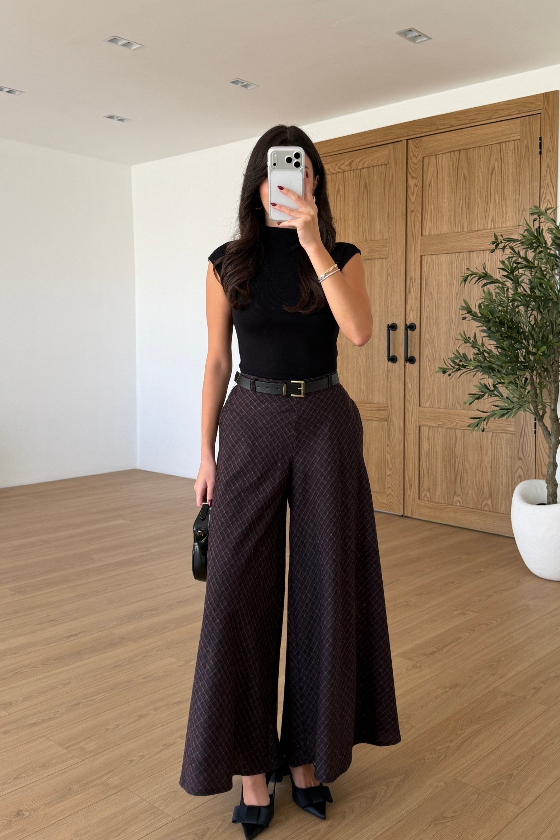 Hardy Mürdüm Beli Lastikli Kemerli Ekose Pantolon