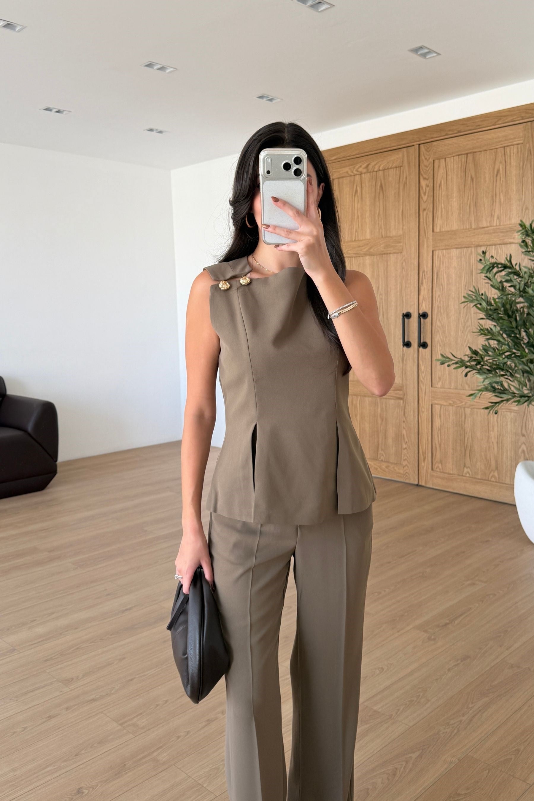 Kelly Haki Gold Düğmeli Bluz Pantolon Takım