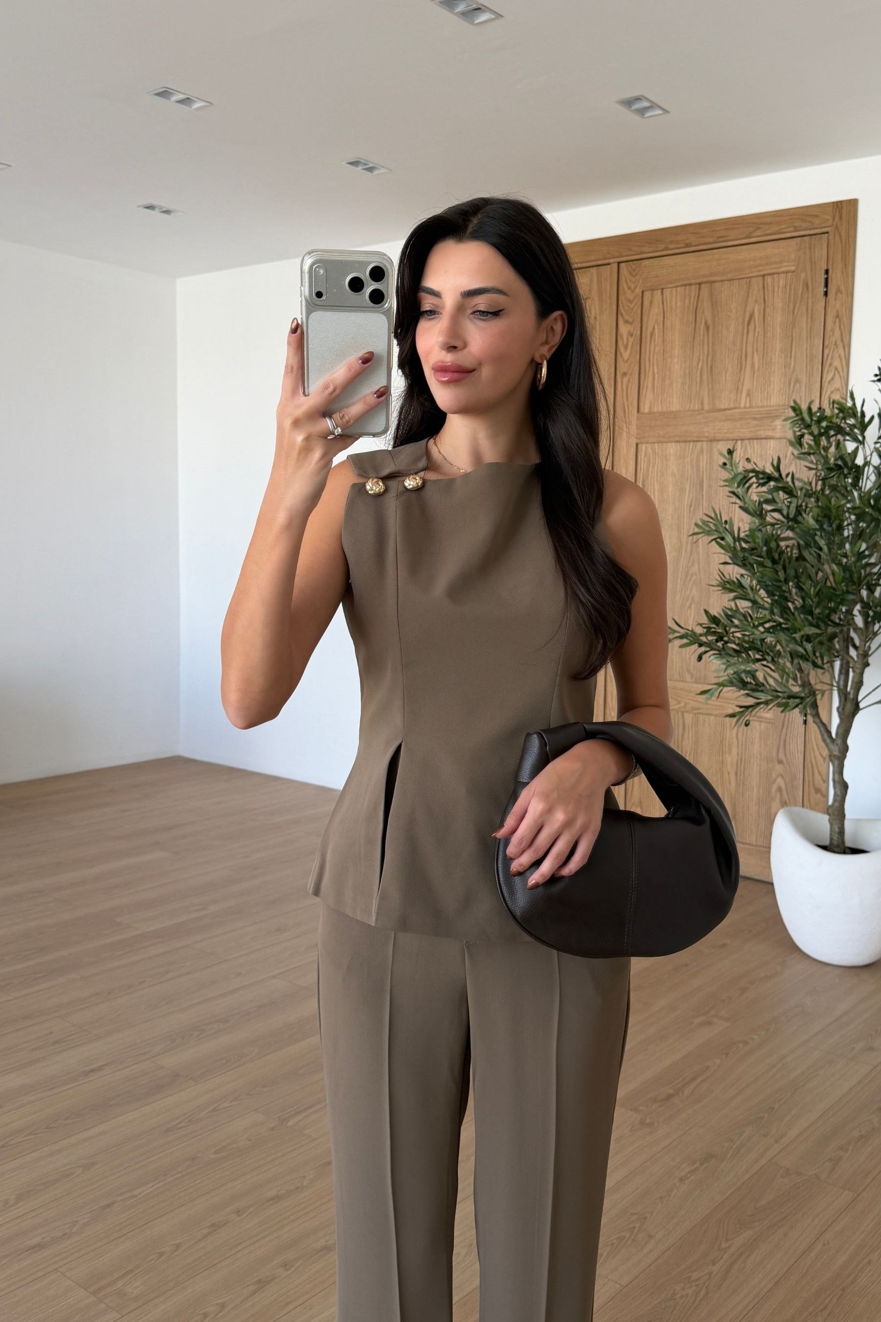 Kelly Haki Gold Düğmeli Bluz Pantolon Takım