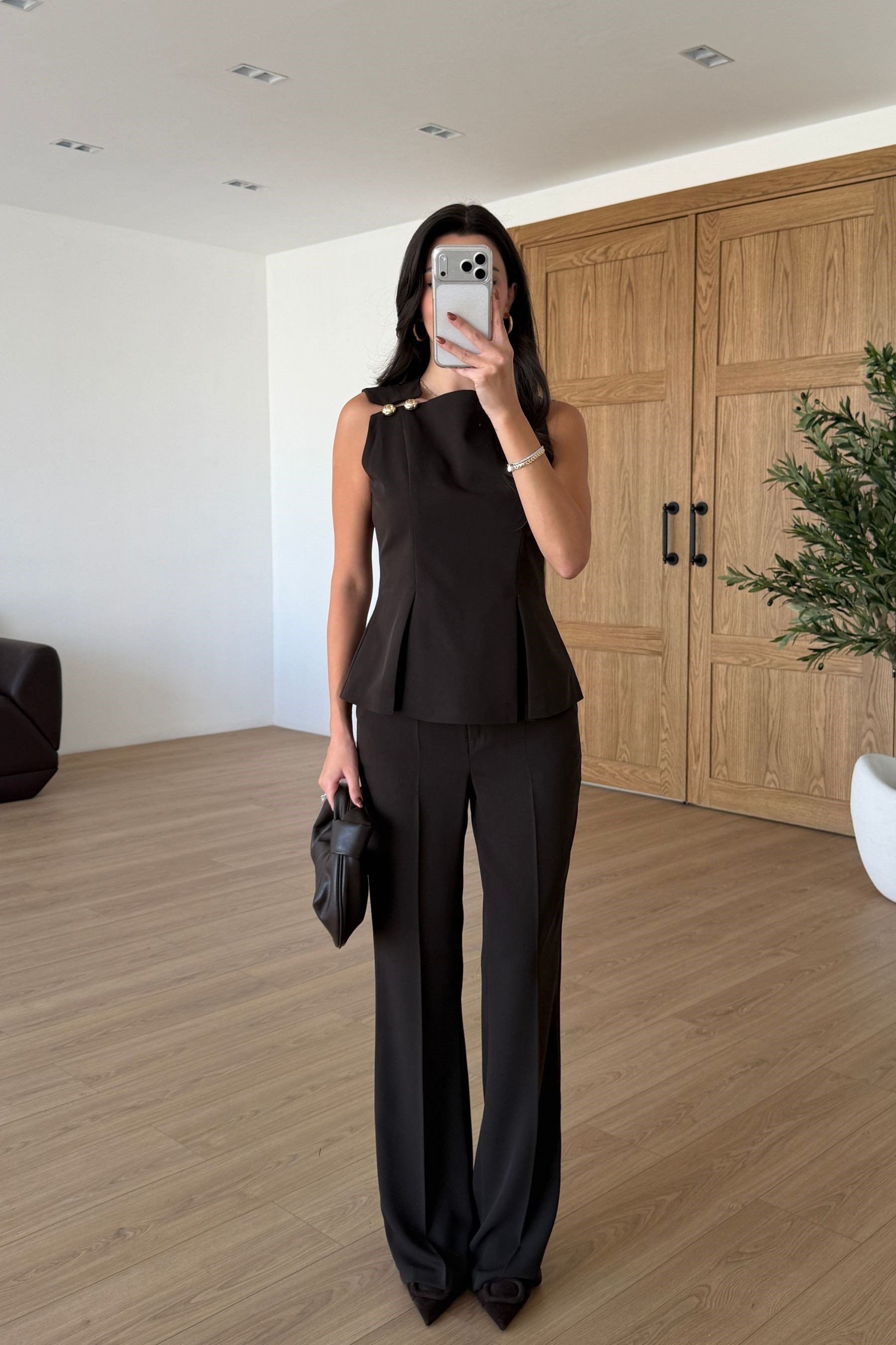 Kelly Kahve Gold Düğmeli Bluz Pantolon Takım