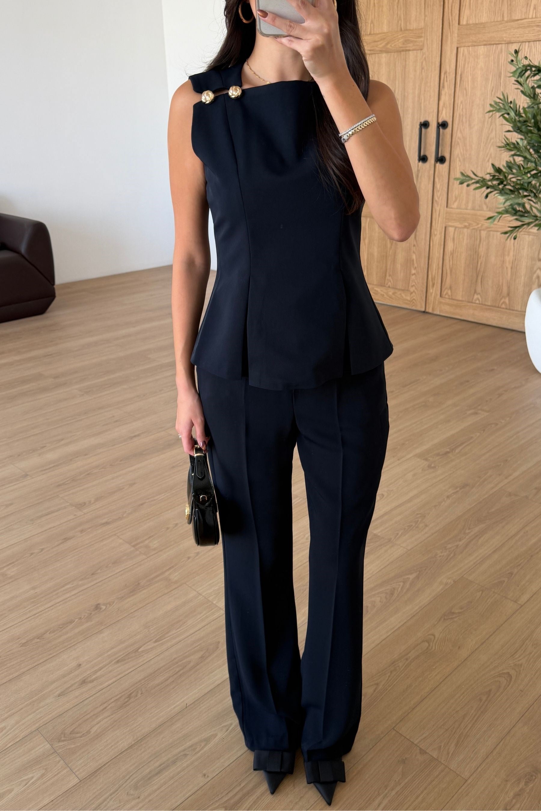 Kelly Lacivert Gold Düğmeli Bluz Pantolon Takım