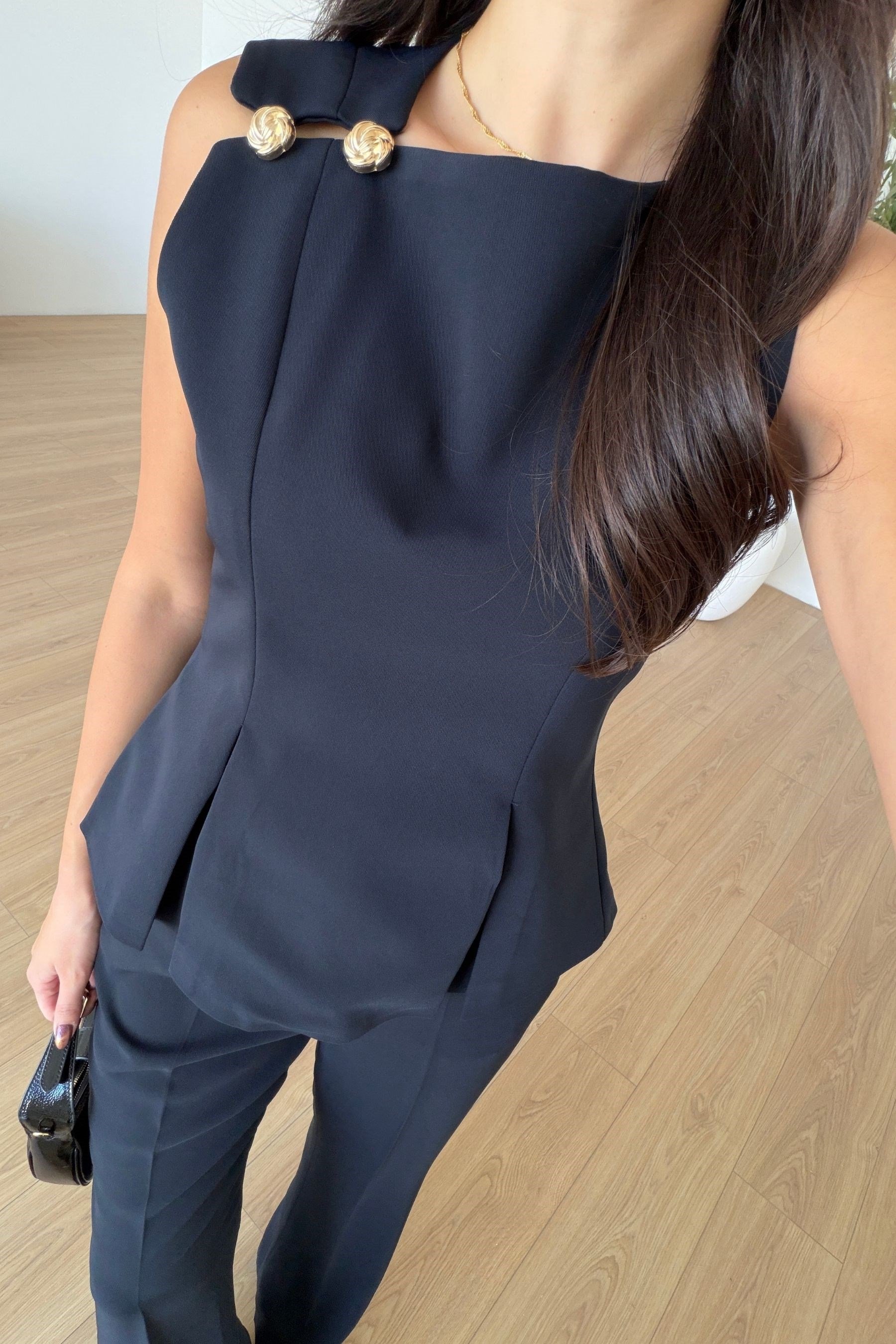 Kelly Lacivert Gold Düğmeli Bluz Pantolon Takım