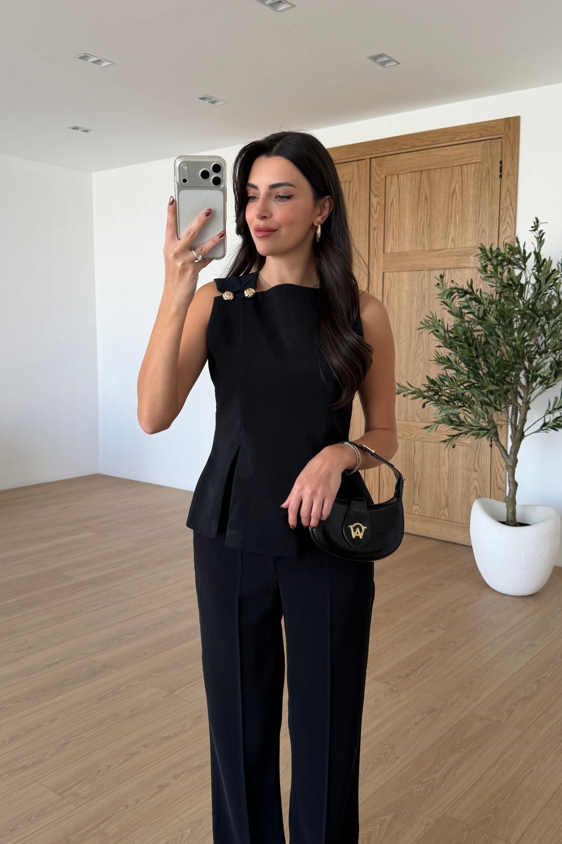 Kelly Siyah Gold Düğmeli Bluz Pantolon Takım