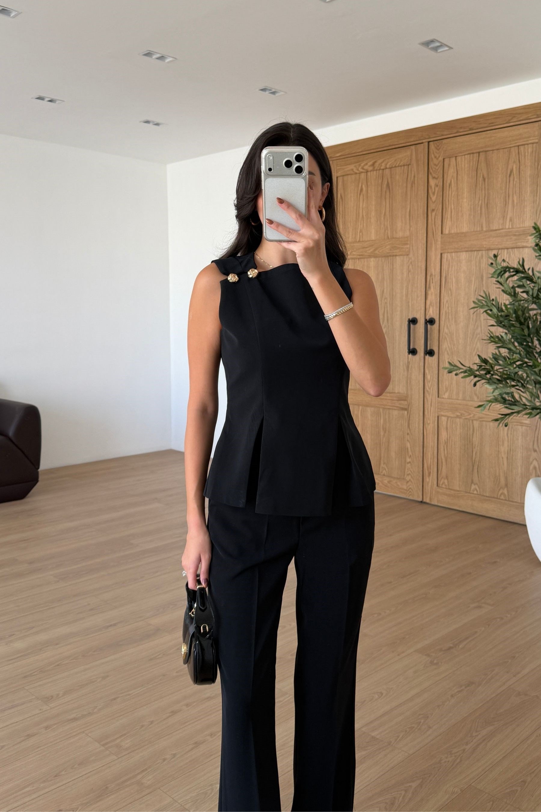 Kelly Siyah Gold Düğmeli Bluz Pantolon Takım