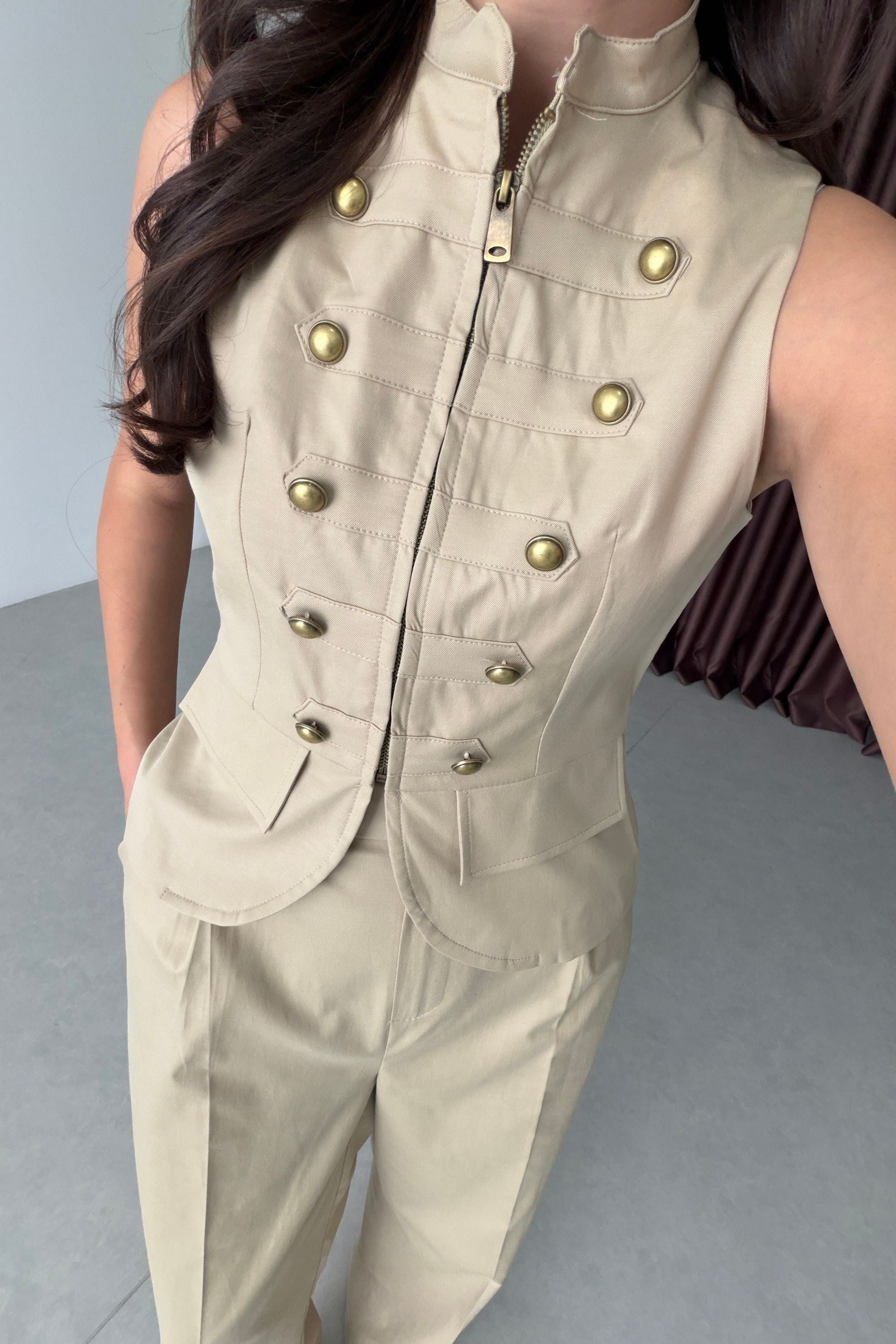 Kosy Mint Gold Düğmeli Yelek Pantolon Takım