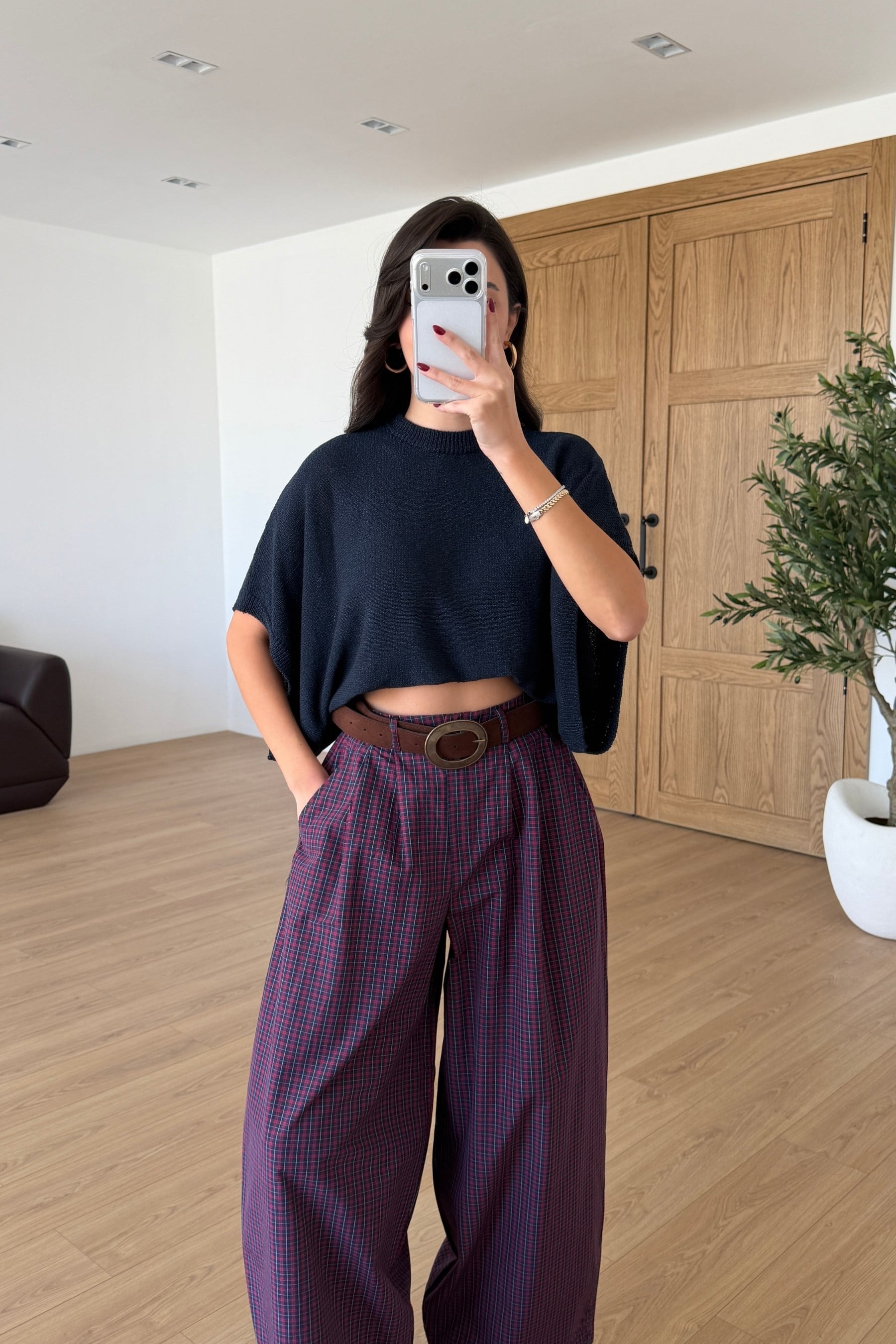 Kozy Bordo Ekoseli Kemerli Pantolon