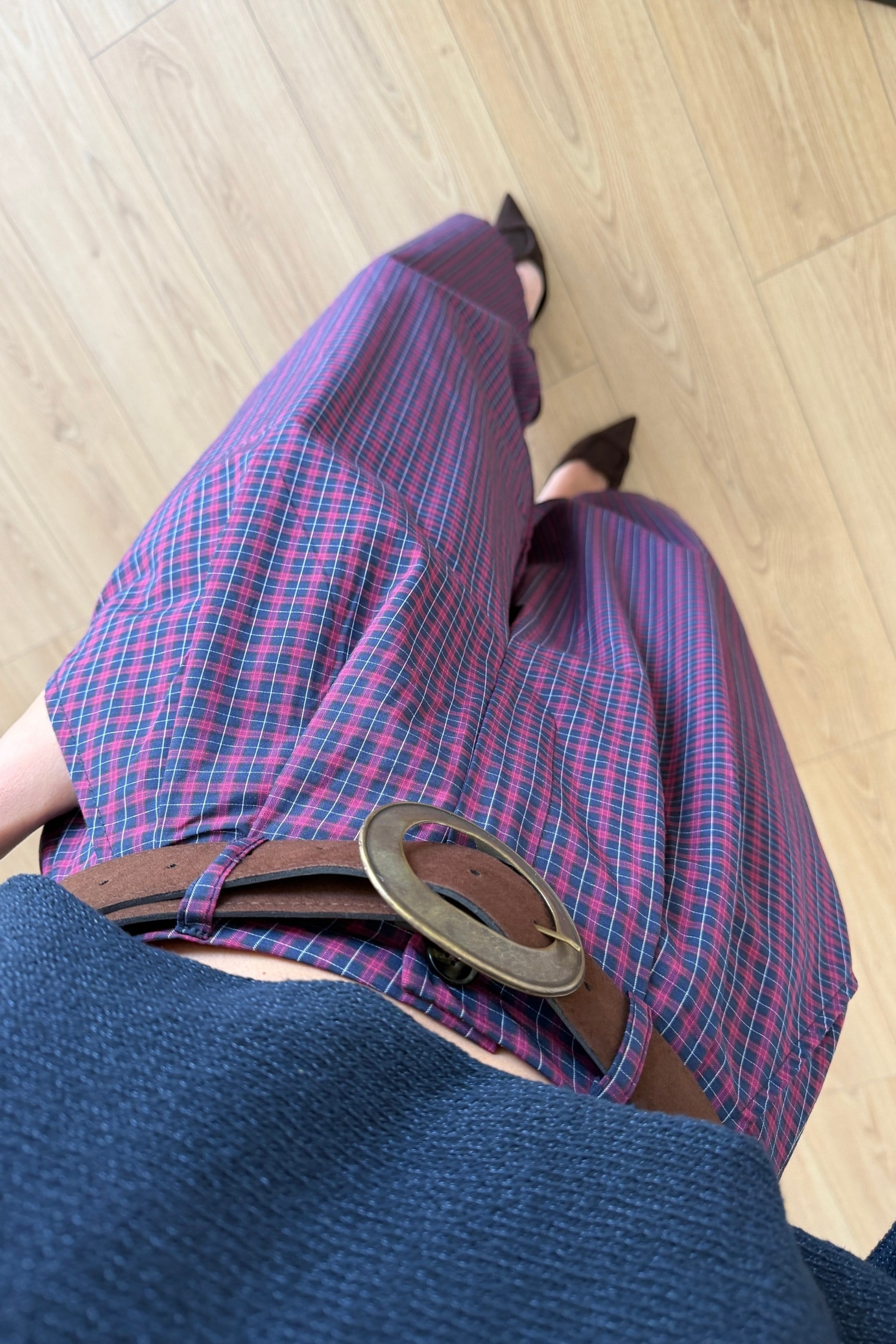 Kozy Bordo Ekoseli Kemerli Pantolon