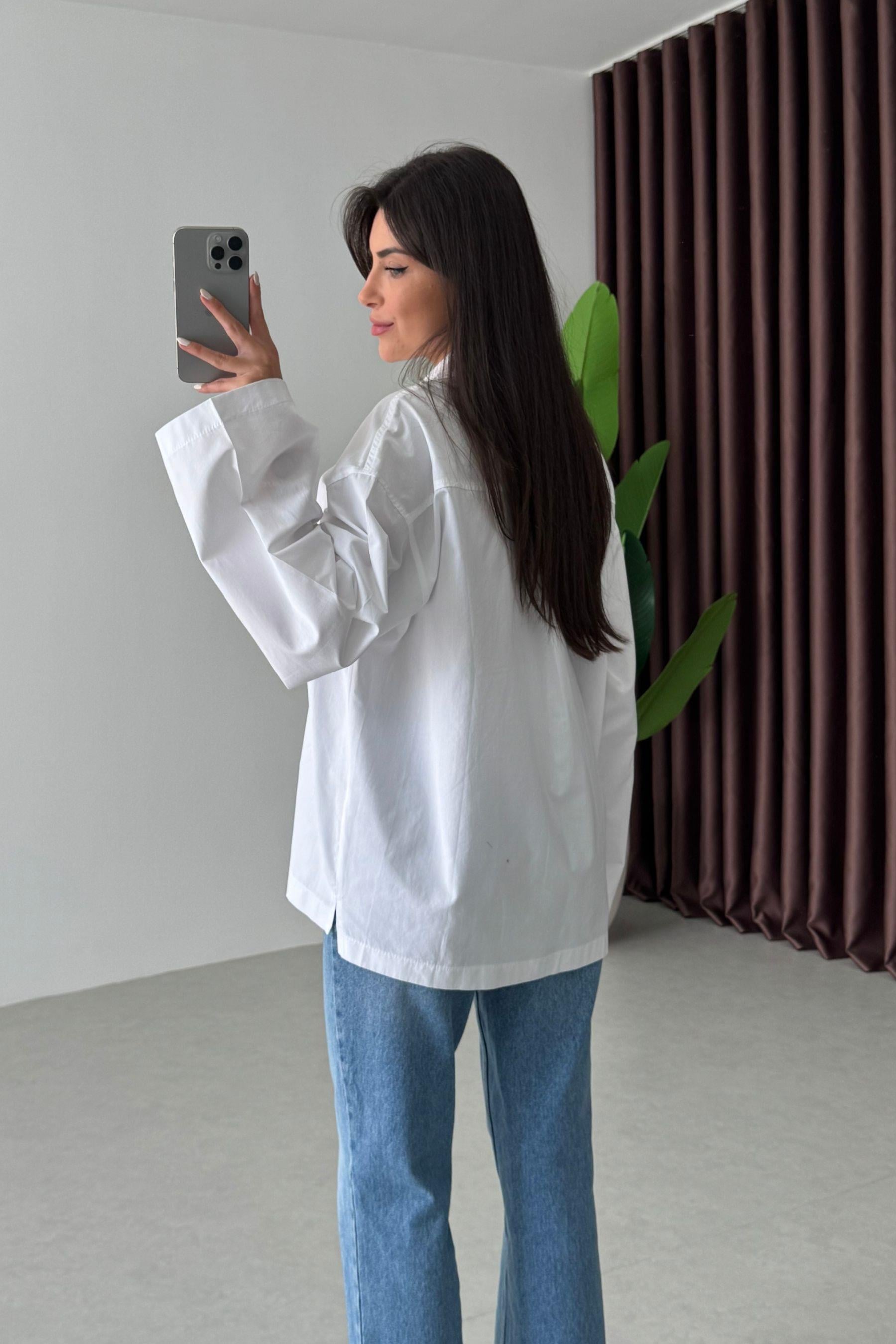 Lino Beyaz Oversize Basic Gömlek