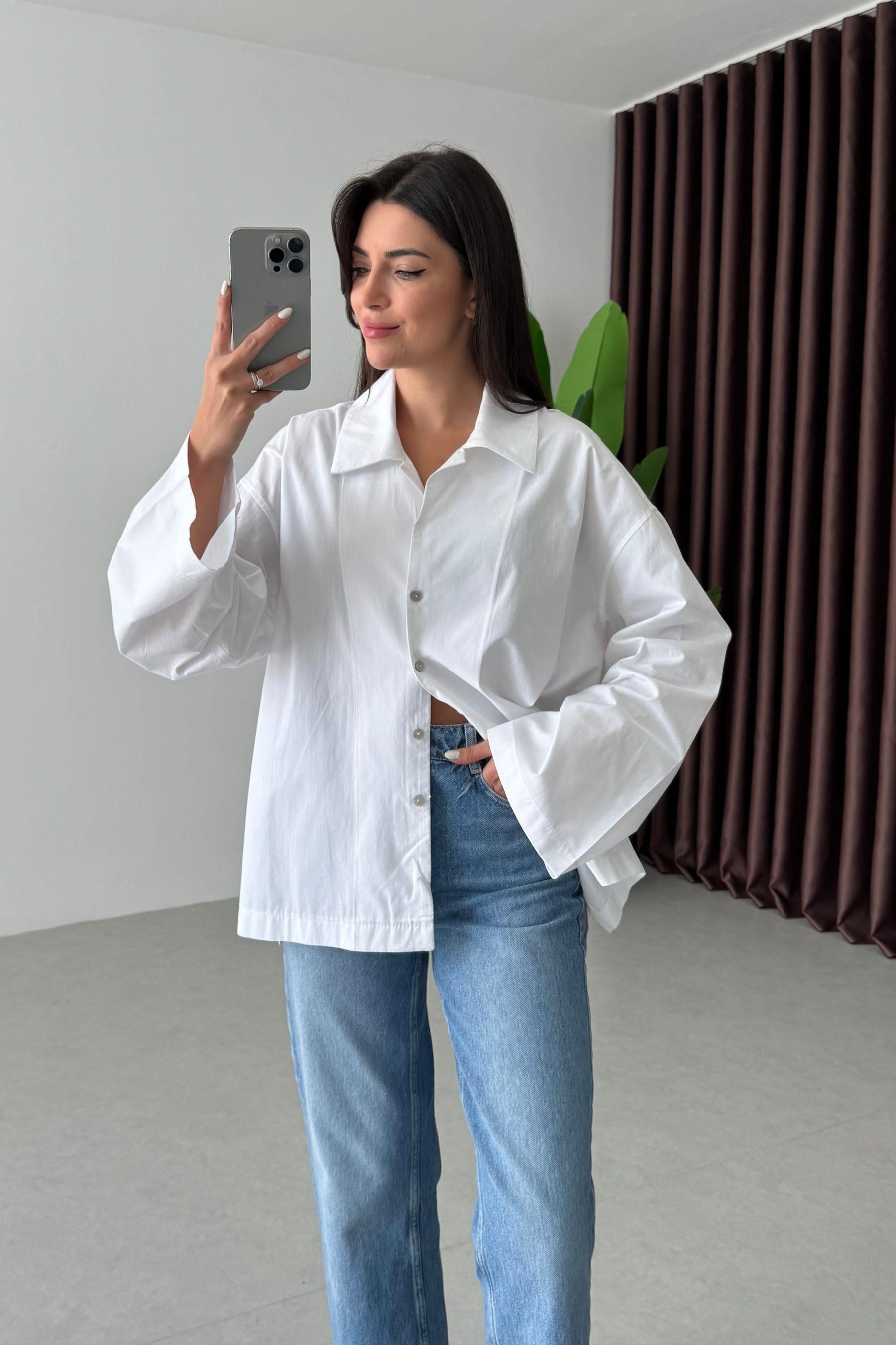 Lino Beyaz Oversize Basic Gömlek