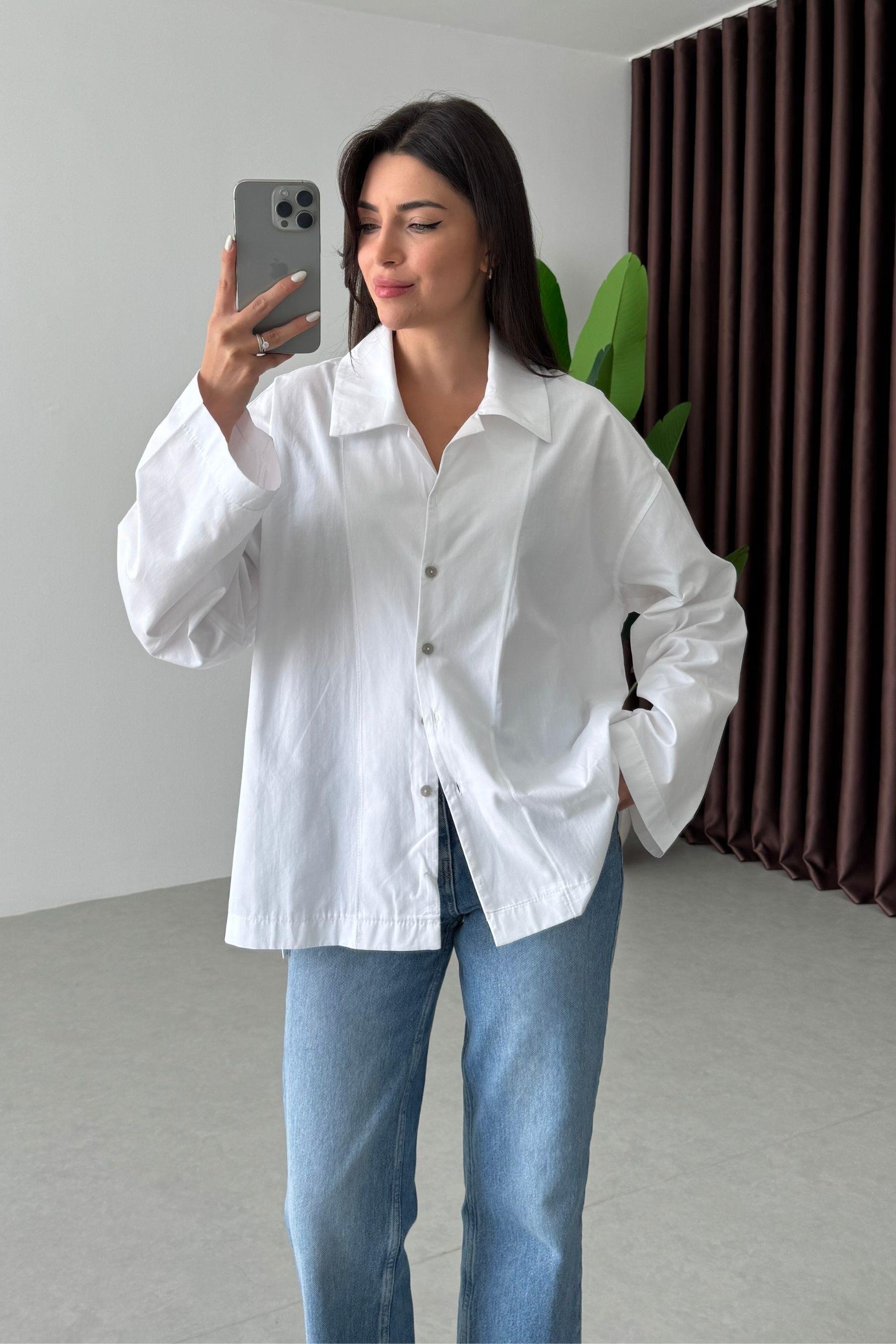 Lino Beyaz Oversize Basic Gömlek