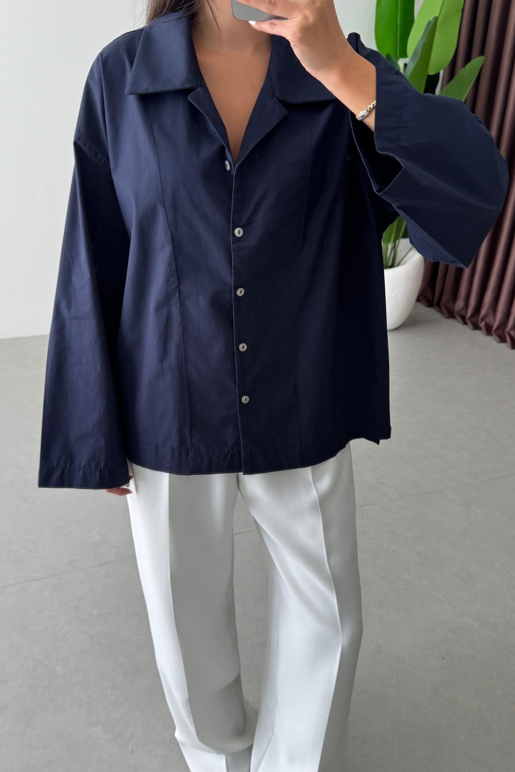 Lino Lacivert Oversize Basic Gömlek