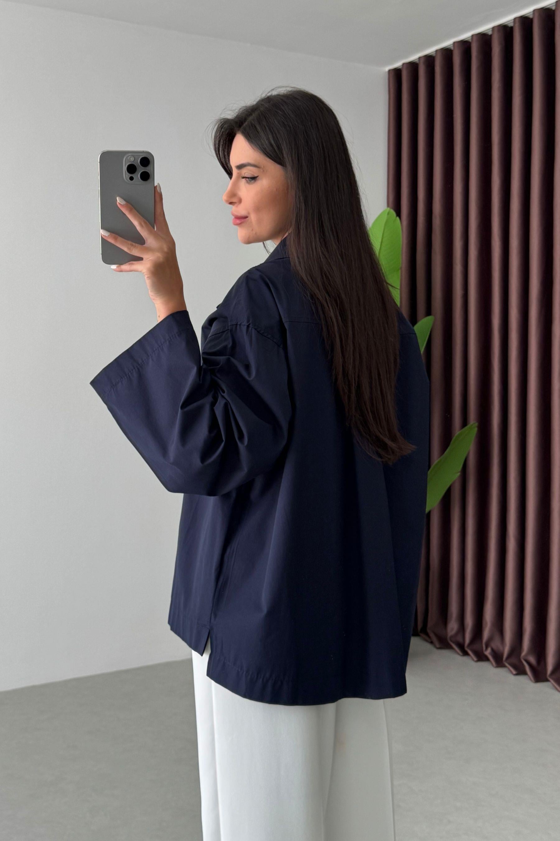 Lino Lacivert Oversize Basic Gömlek