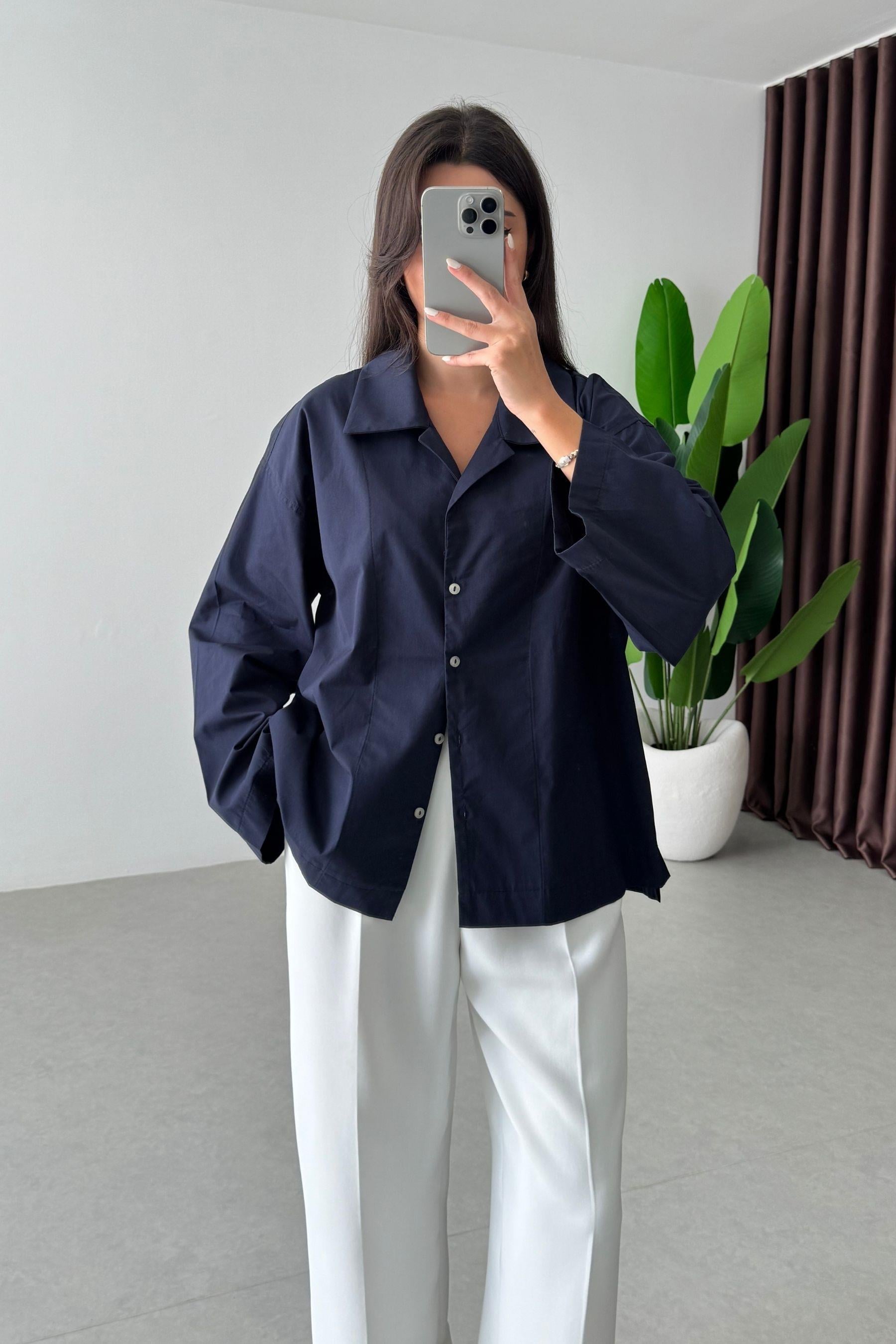 Lino Lacivert Oversize Basic Gömlek