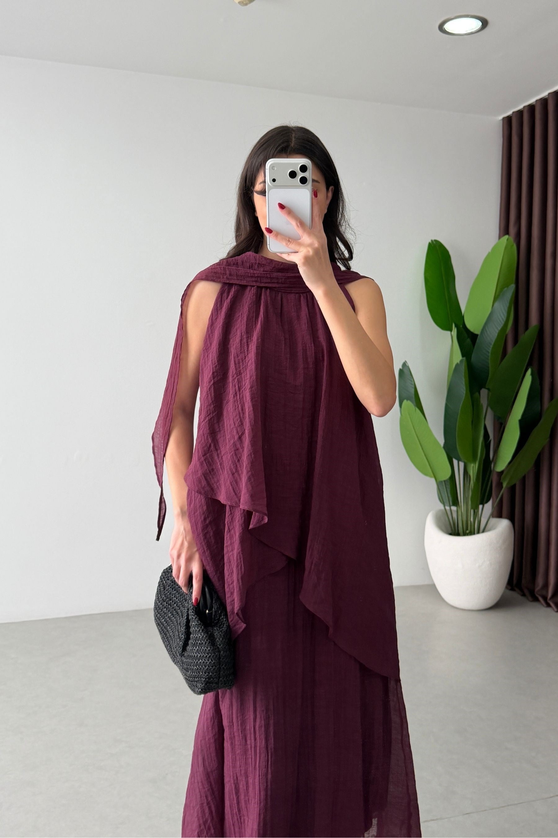 Luvis Bordo Volanlı Şal Yaka Midi Elbise