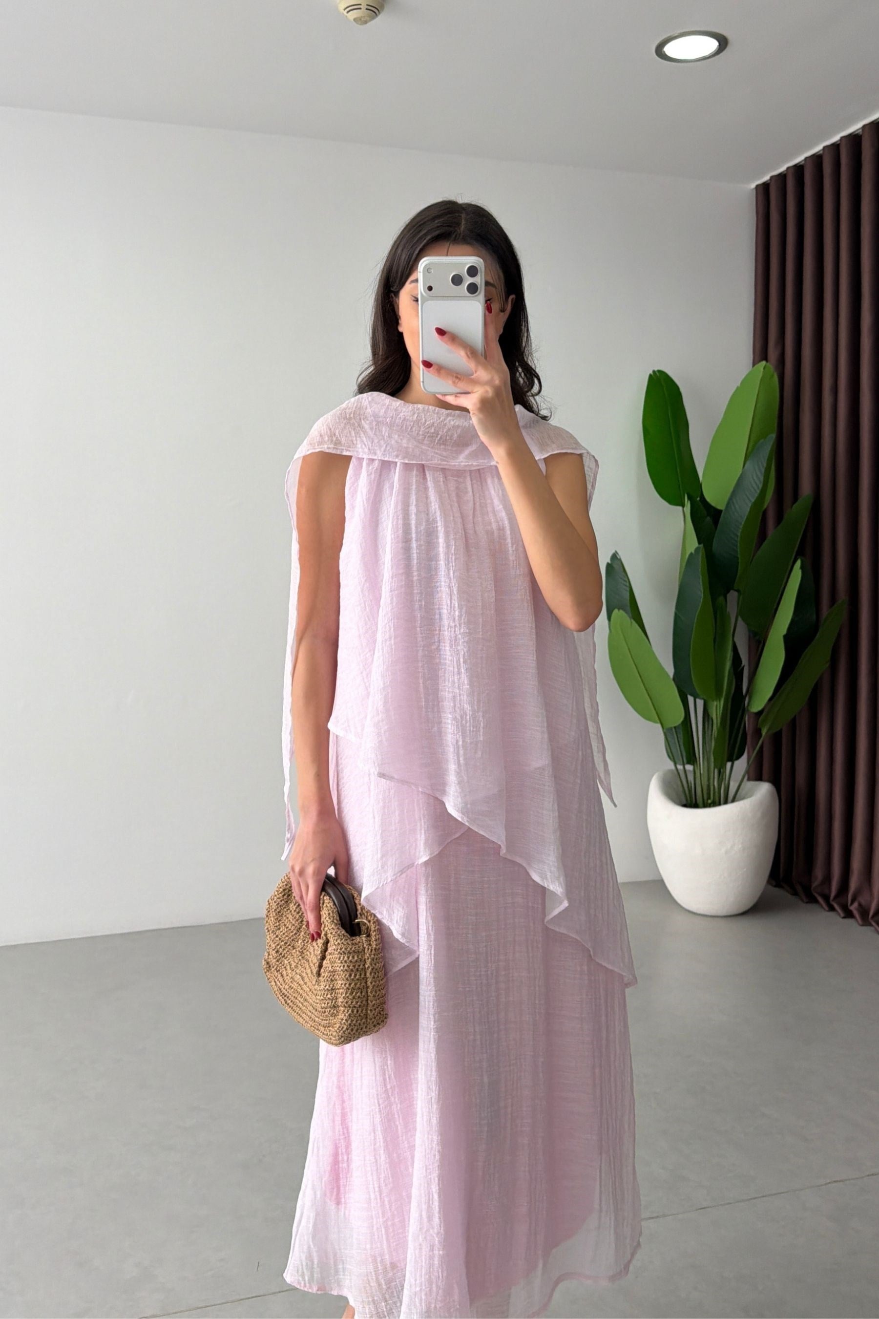 Luvis Pembe Volanlı Şal Yaka Midi Elbise