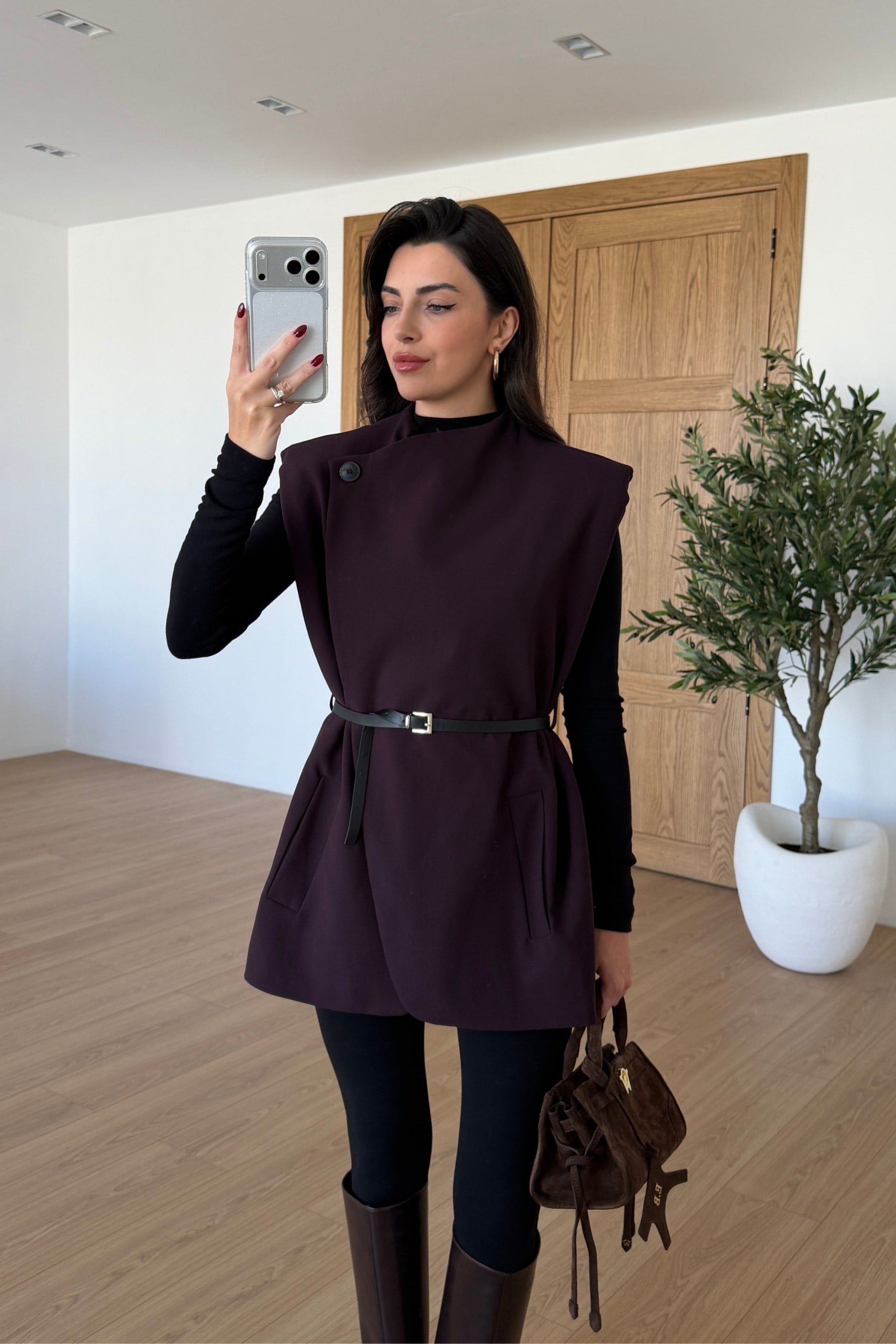 Mara Mürdüm Vatkalı Kemerli Asimetrik Yelek