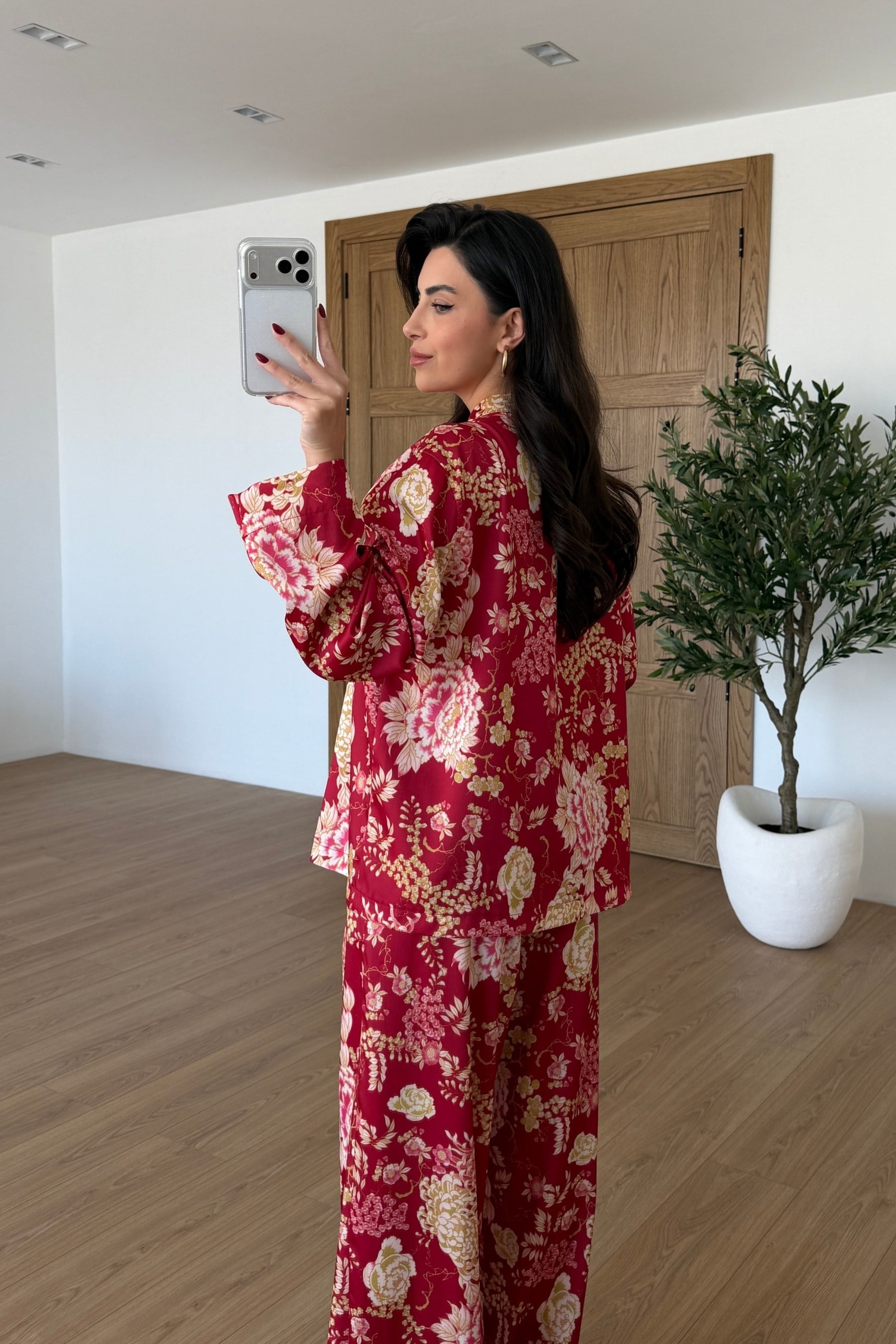 Monik Çiçek Desenli Saten Kimono Pantolon Takım