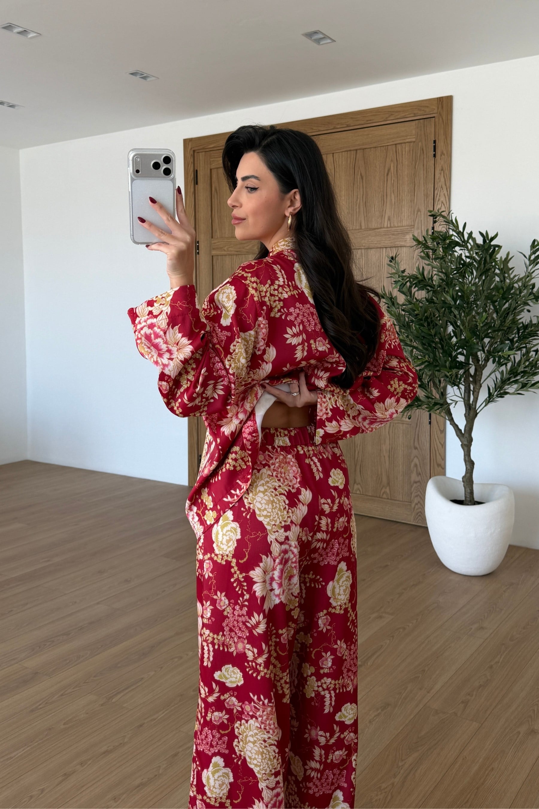 Monik Çiçek Desenli Saten Kimono Pantolon Takım