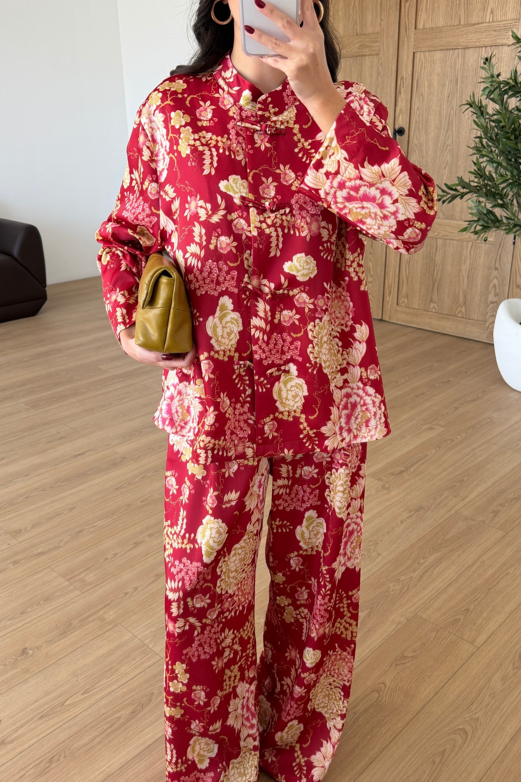 Monik Çiçek Desenli Saten Kimono Pantolon Takım