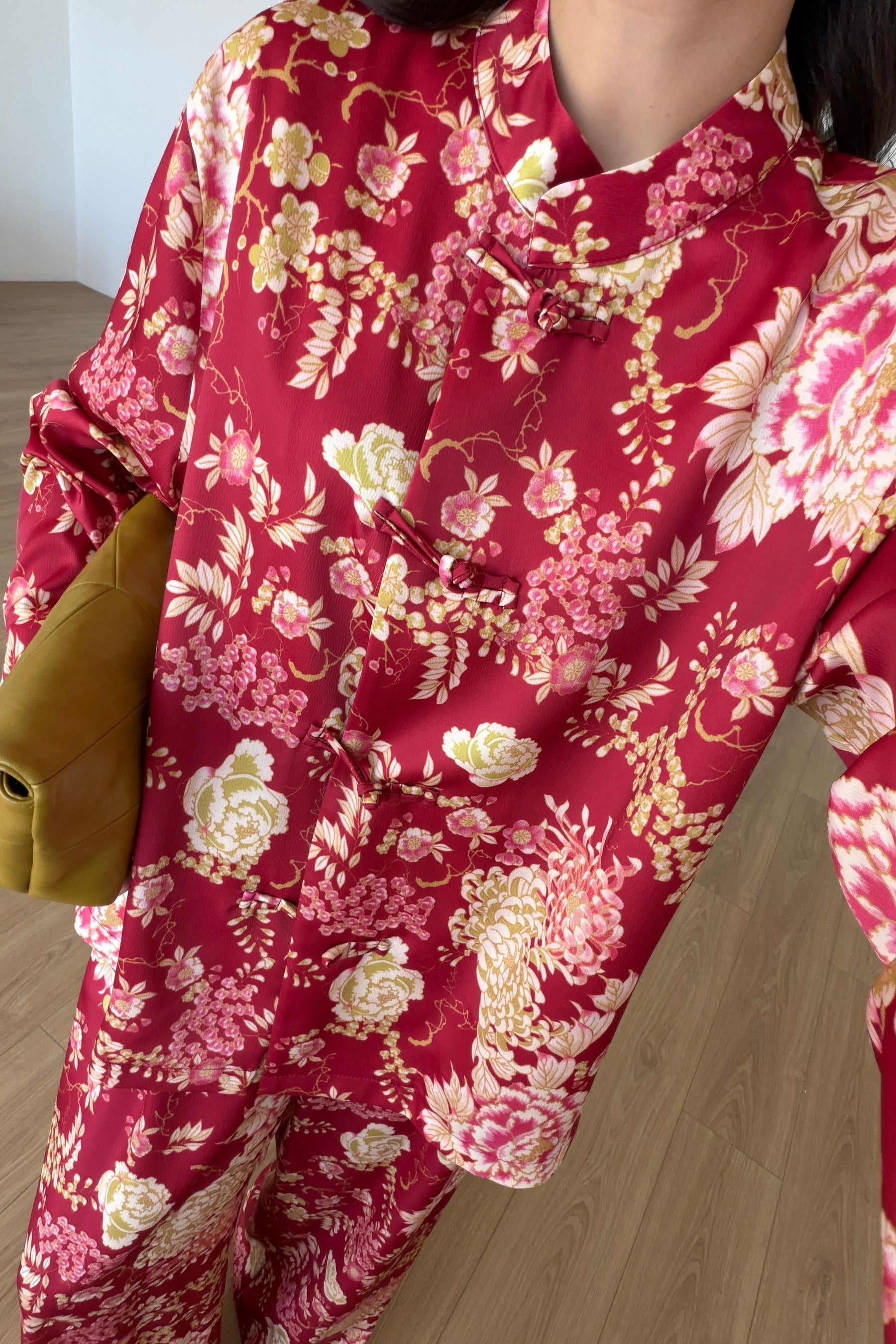Monik Çiçek Desenli Saten Kimono Pantolon Takım