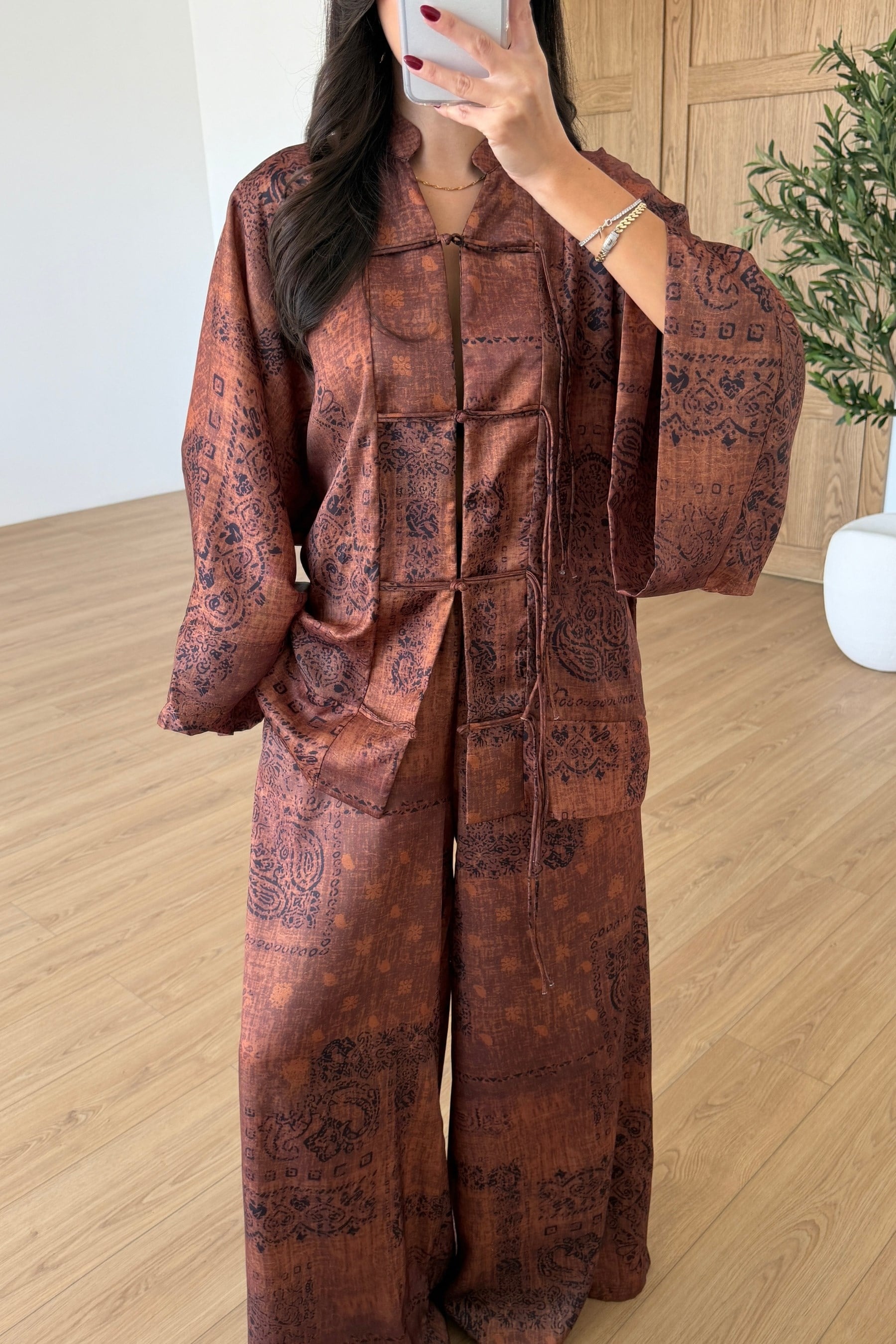 Natel Etnik Desen Saten Kimono Pantolon Takım