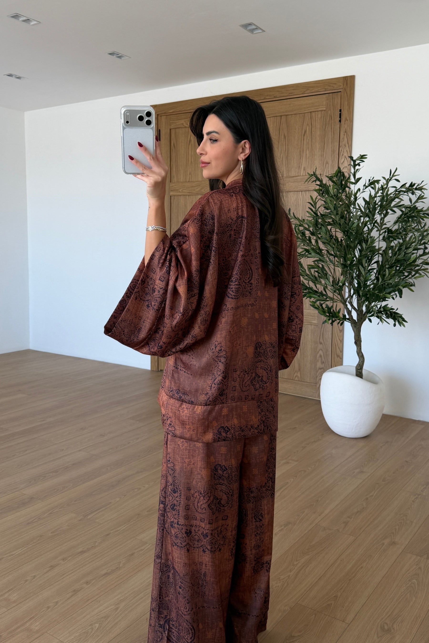 Natel Etnik Desen Saten Kimono Pantolon Takım
