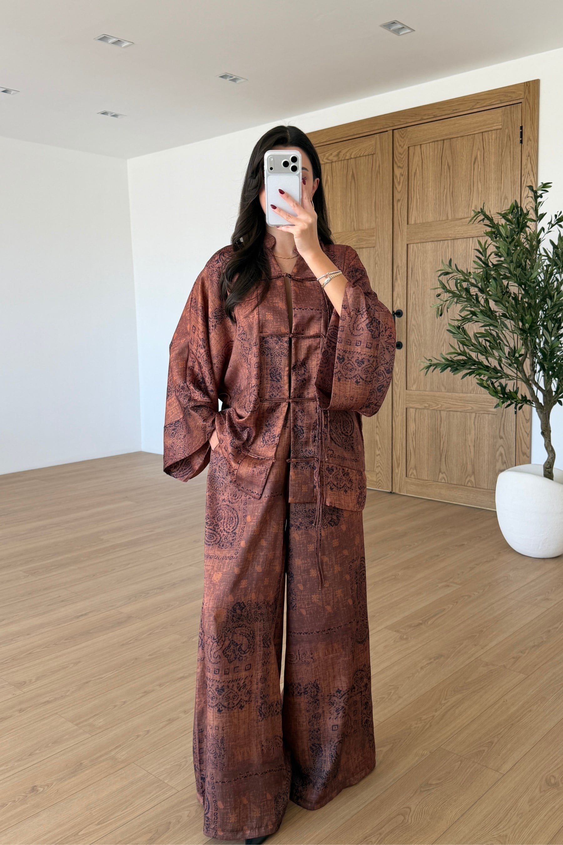 Natel Etnik Desen Saten Kimono Pantolon Takım