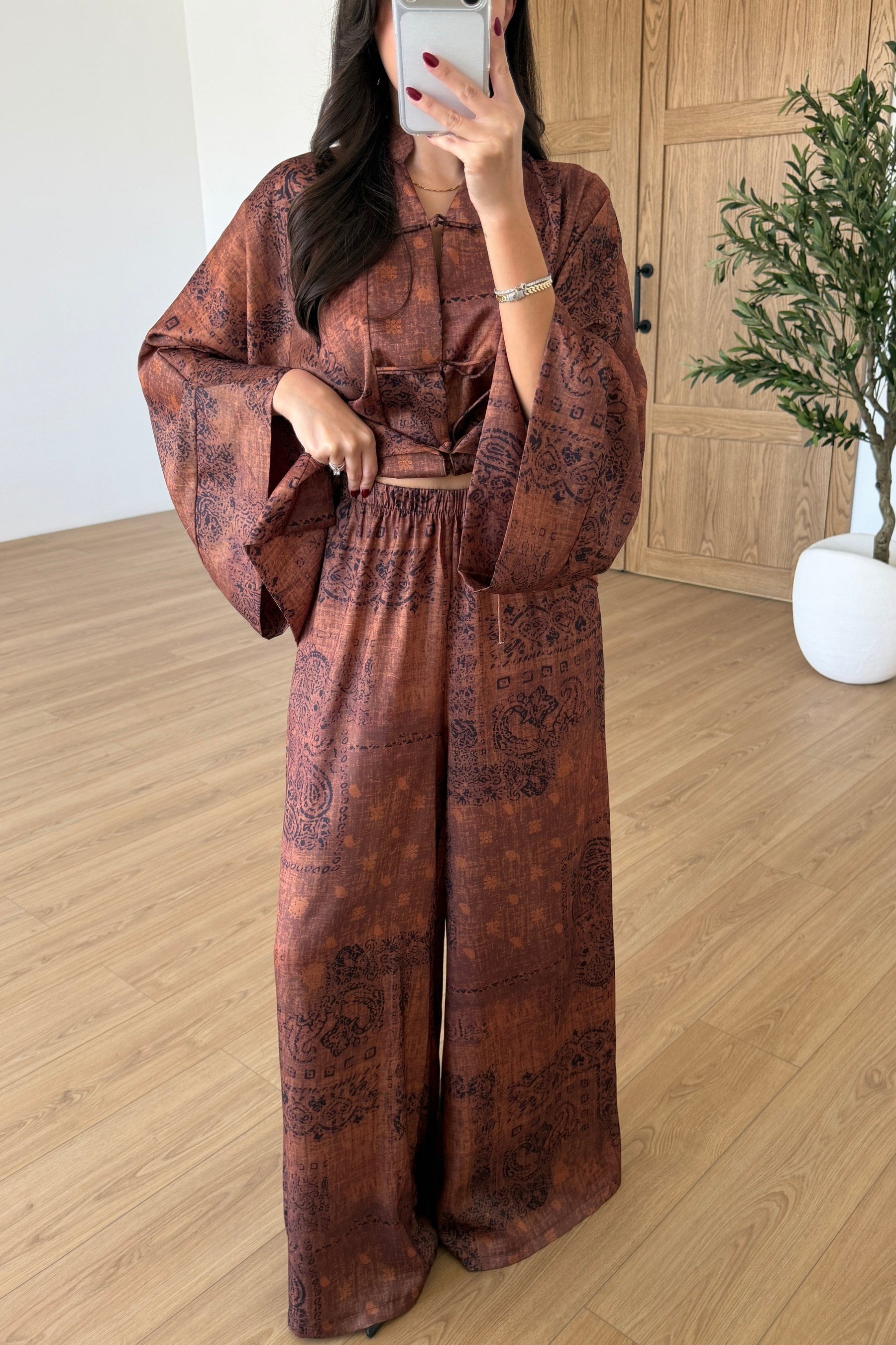 Natel Etnik Desen Saten Kimono Pantolon Takım