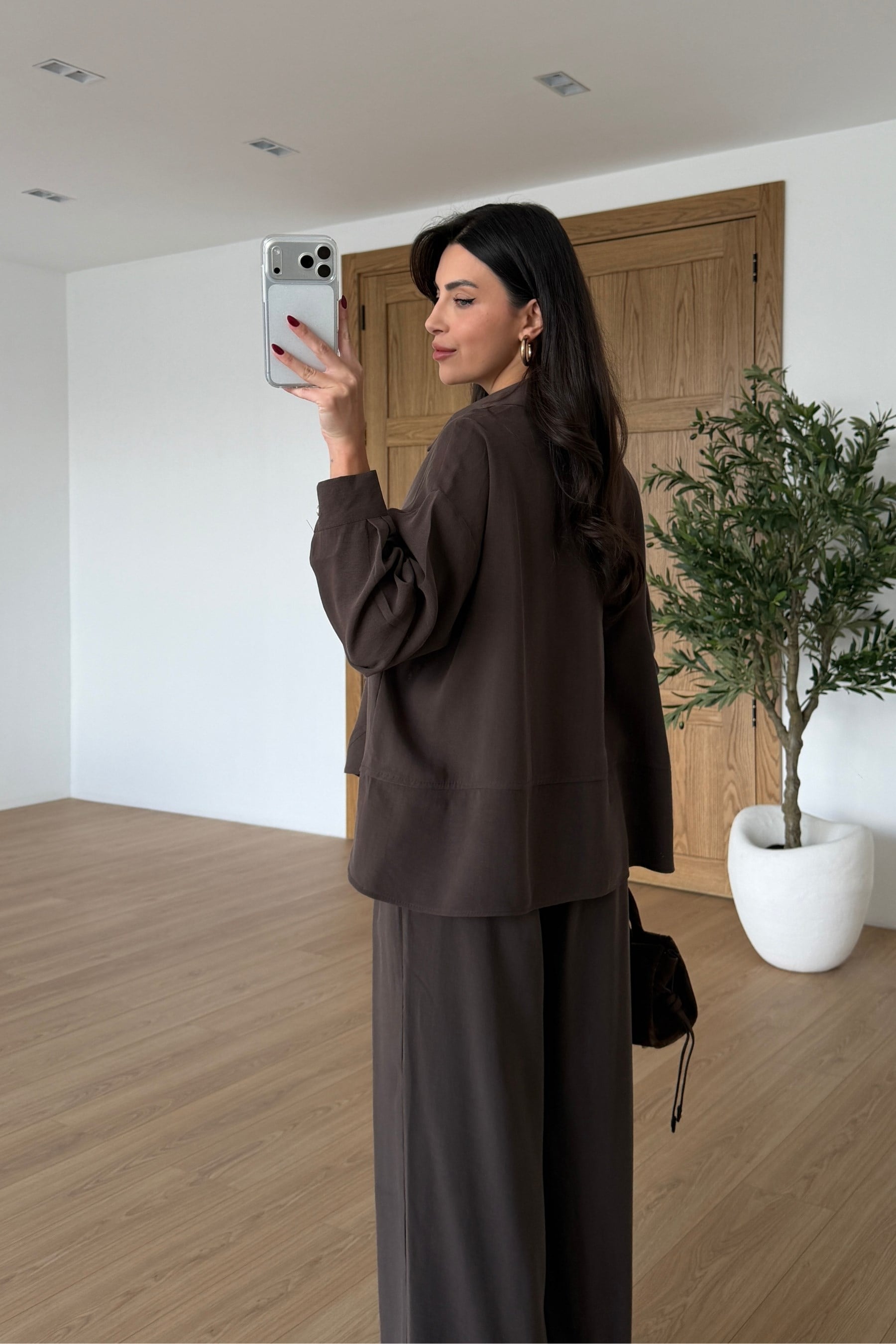 Nosta Kahve Kemerli Modal Bluz Pantolon Takım