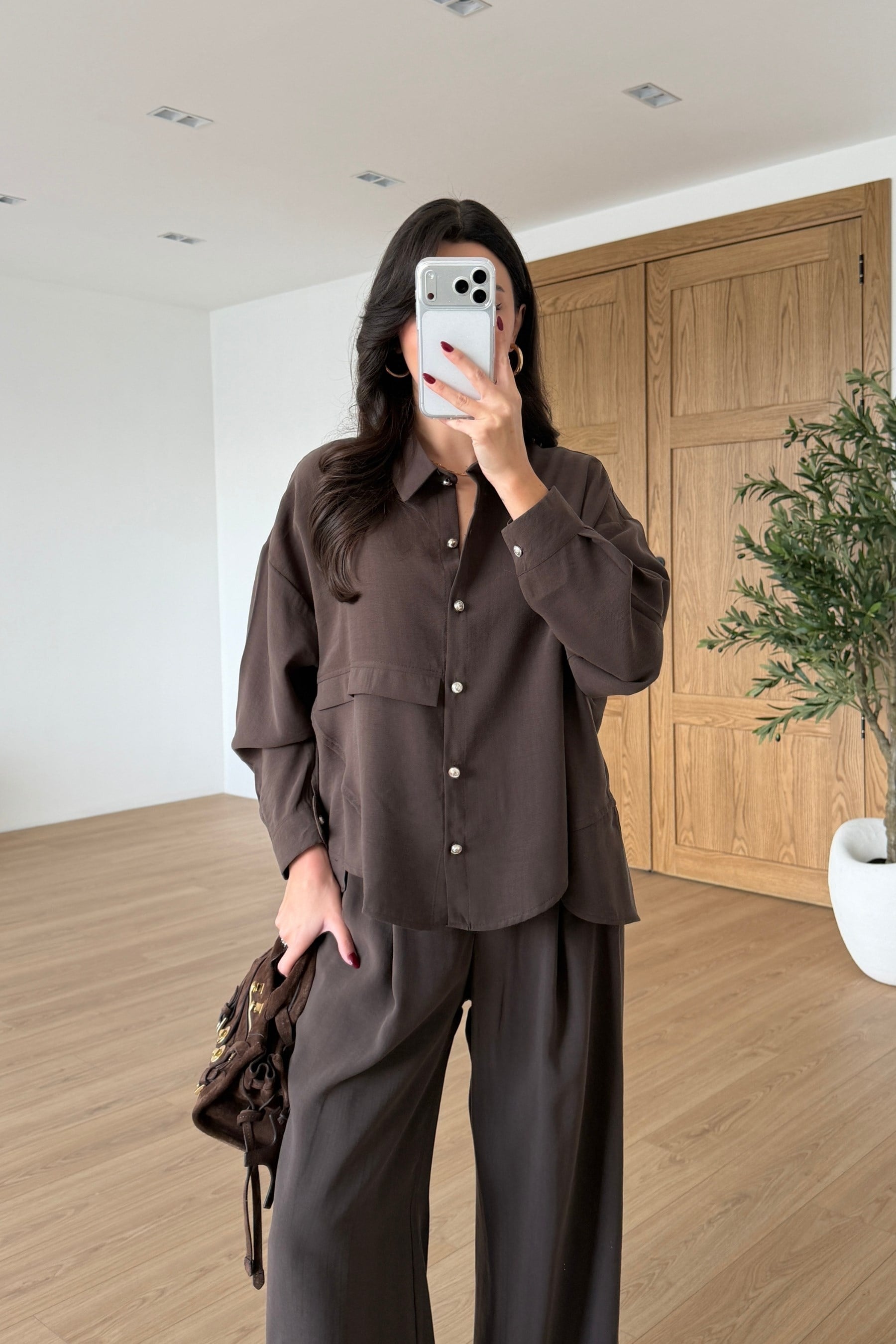 Nosta Kahve Kemerli Modal Bluz Pantolon Takım
