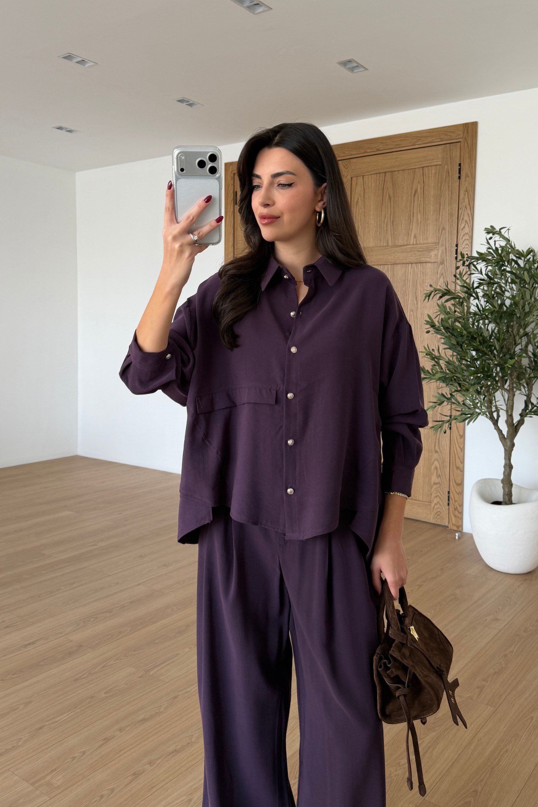 Nosta Mürdüm Kemerli Modal Bluz Pantolon Takım