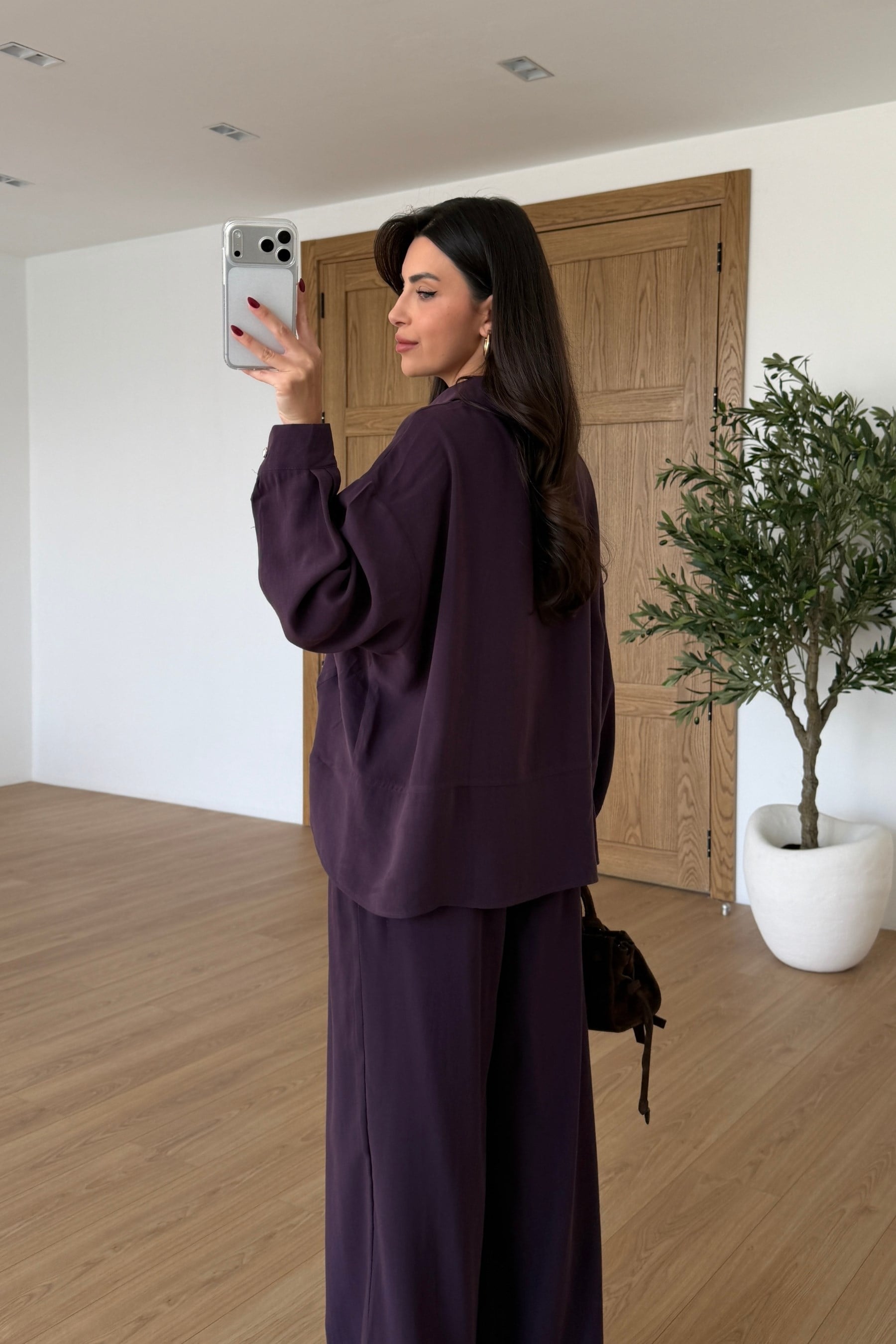 Nosta Mürdüm Kemerli Modal Bluz Pantolon Takım
