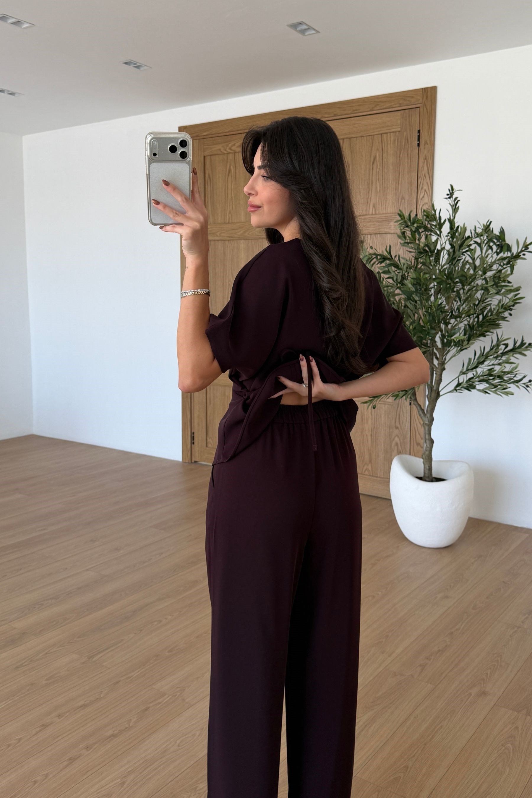 Olivia Mürdüm Belden Oturtmalı Krep Kumaş Takım